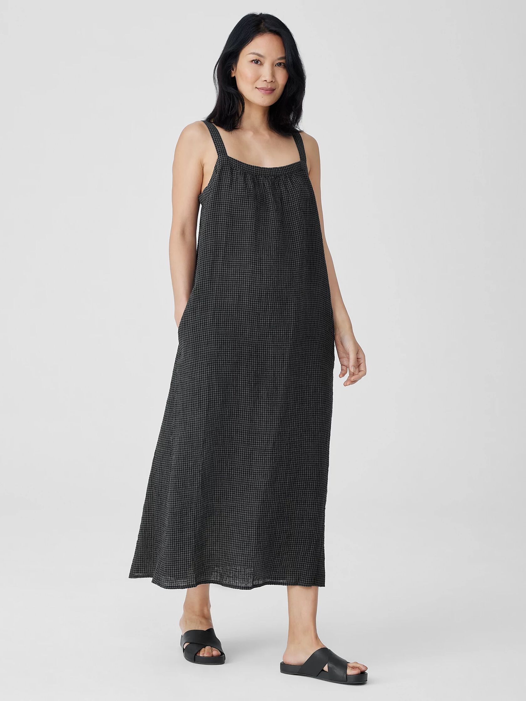 Puckered Organic Linen Square Neck Dress