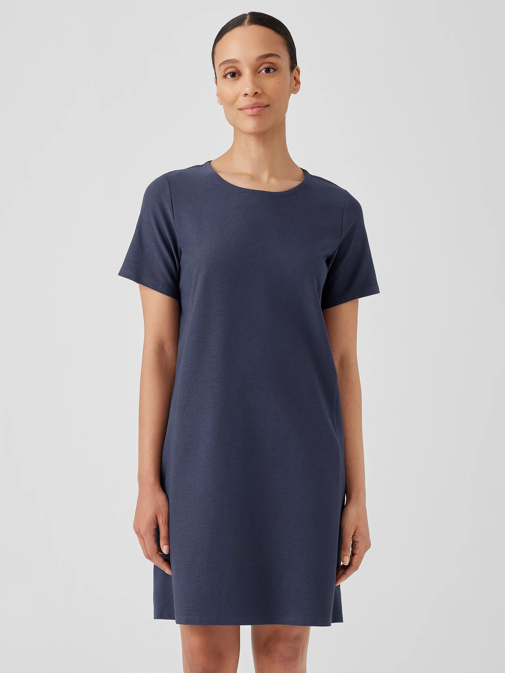 Washable Stretch Crepe Jewel Neck Dress