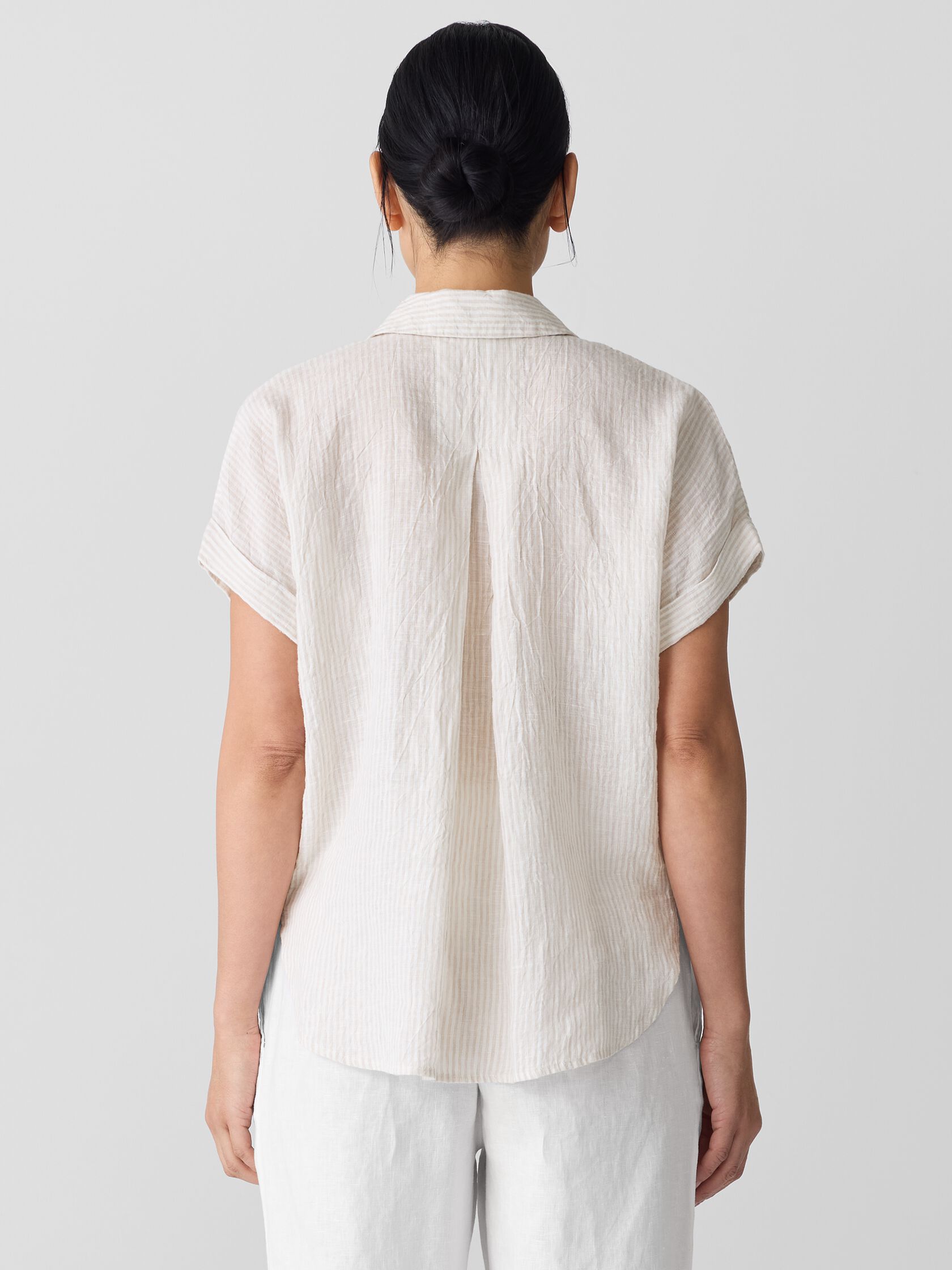 Puckered Organic Linen Stripe Notch Collar Top