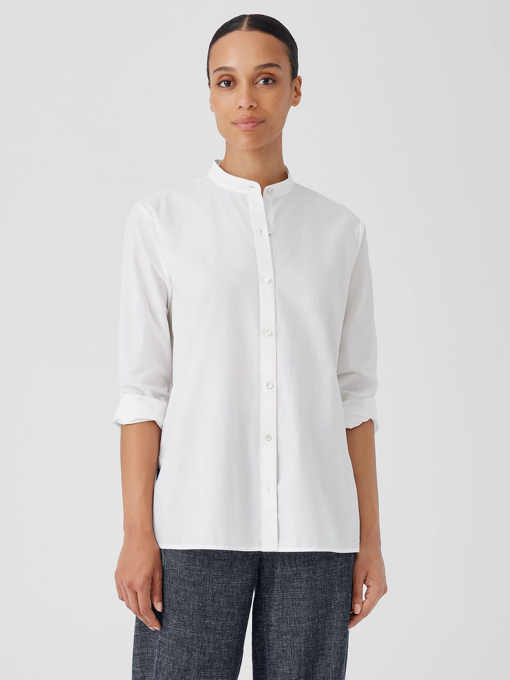 Washed Organic Cotton Poplin Band Collar Shirt