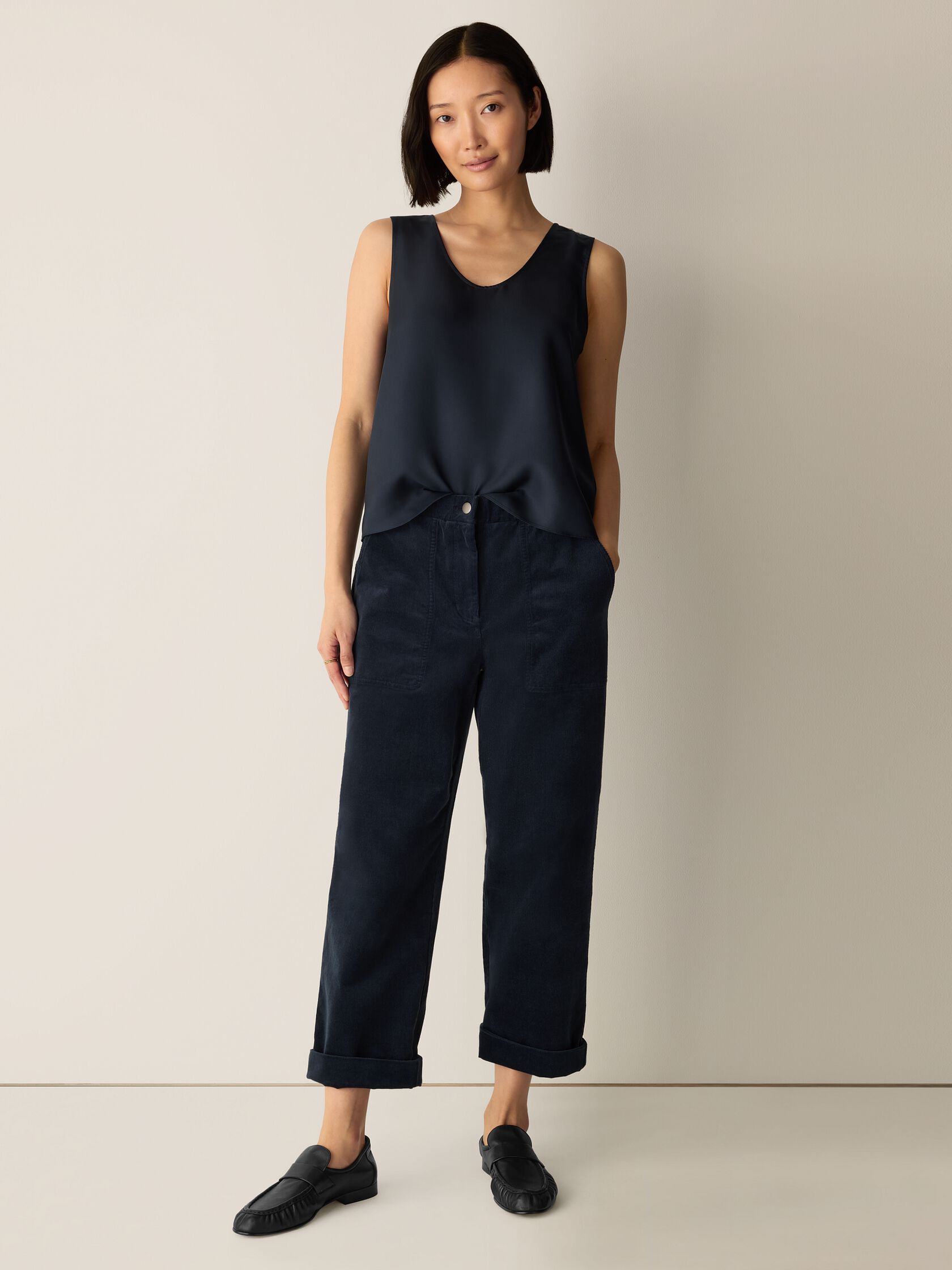 Silk Twill Curved V-Neck Tank