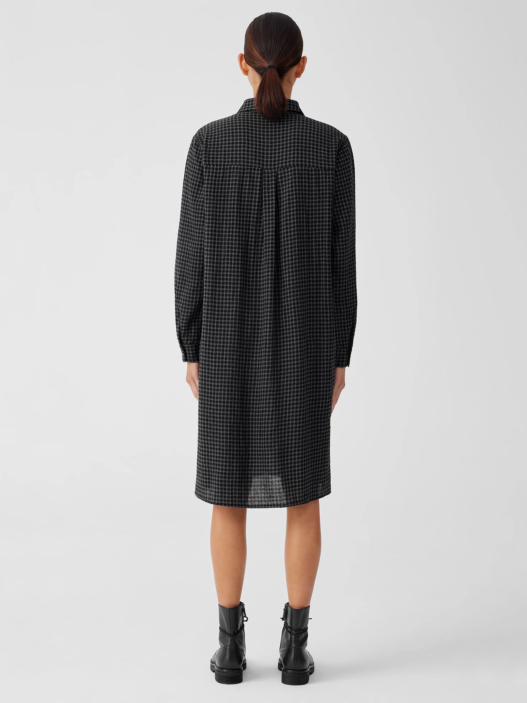 Wool Cotton Check Classic Collar Shirtdress