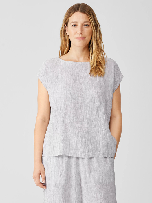 Striped Organic Linen Crinkle Shirred-Back Top