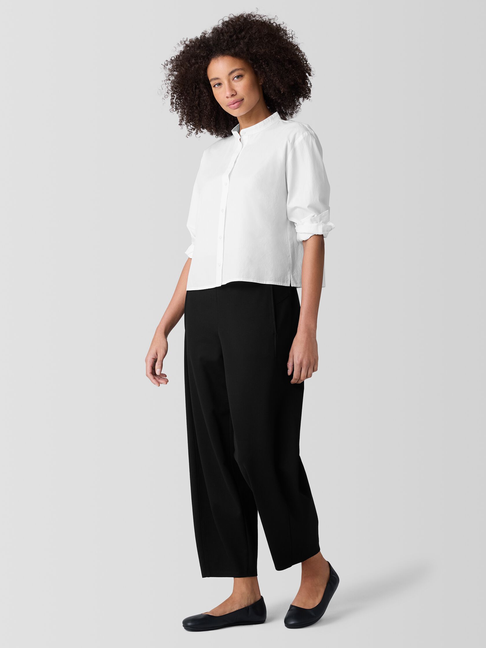 Washed Organic Cotton Poplin Band Collar Short Shirt