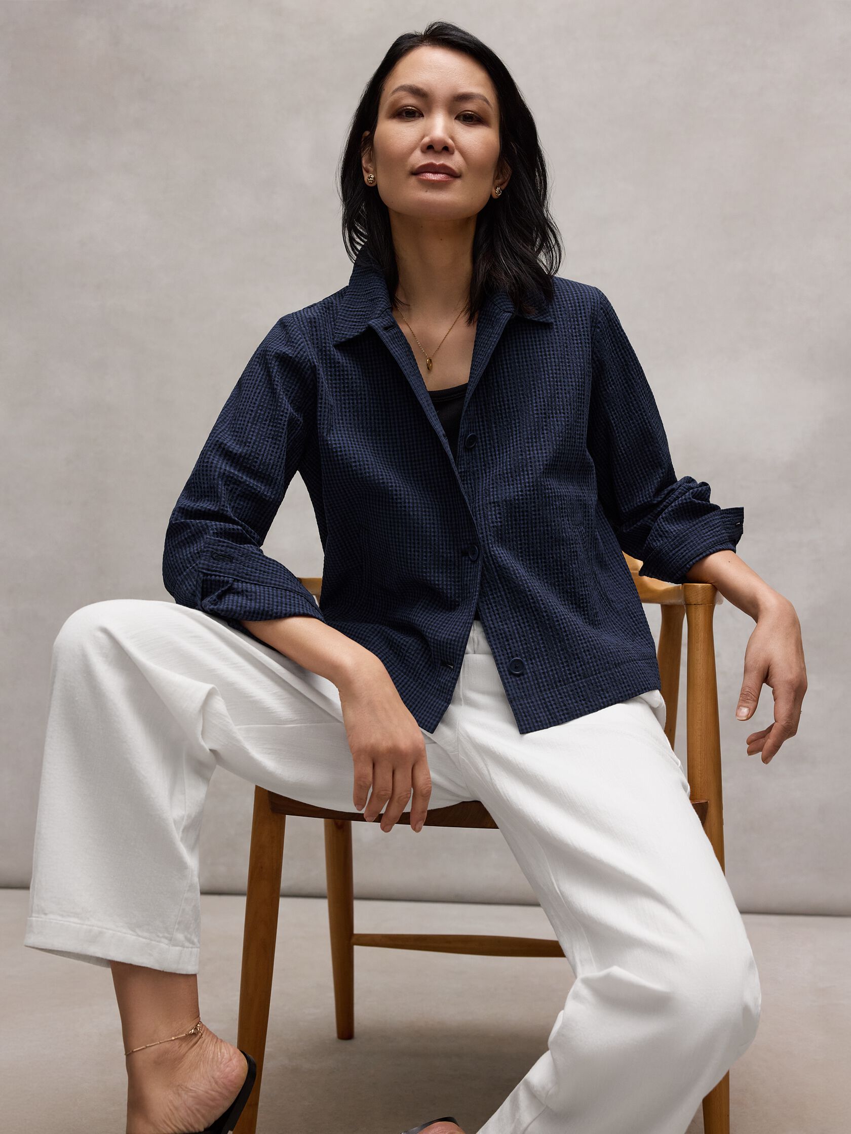 Organic Cotton Pucker Check Classic Collar Jacket