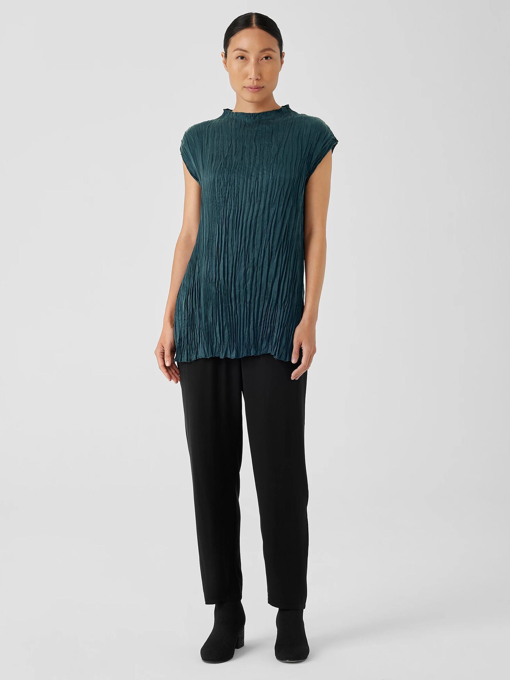 Crushed Cupro Funnel Neck Long Top