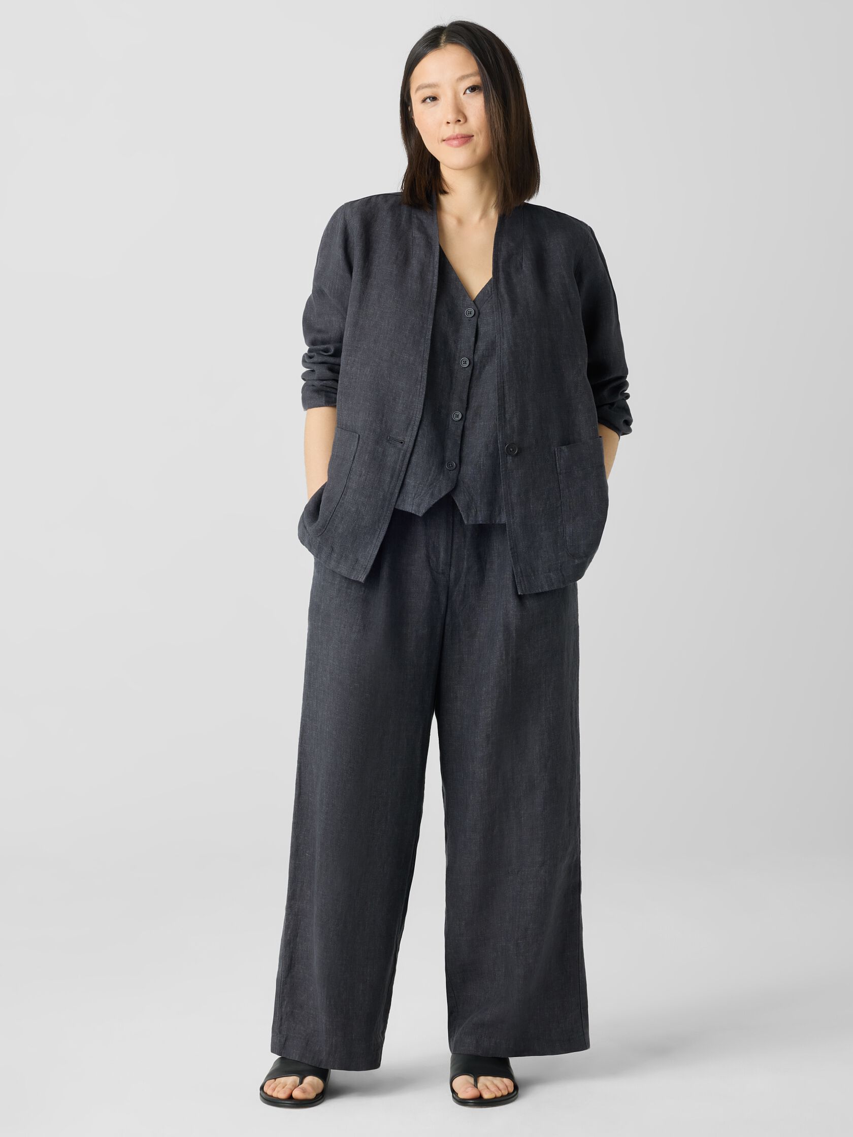 Washed Organic Linen Délavé High Collar Jacket