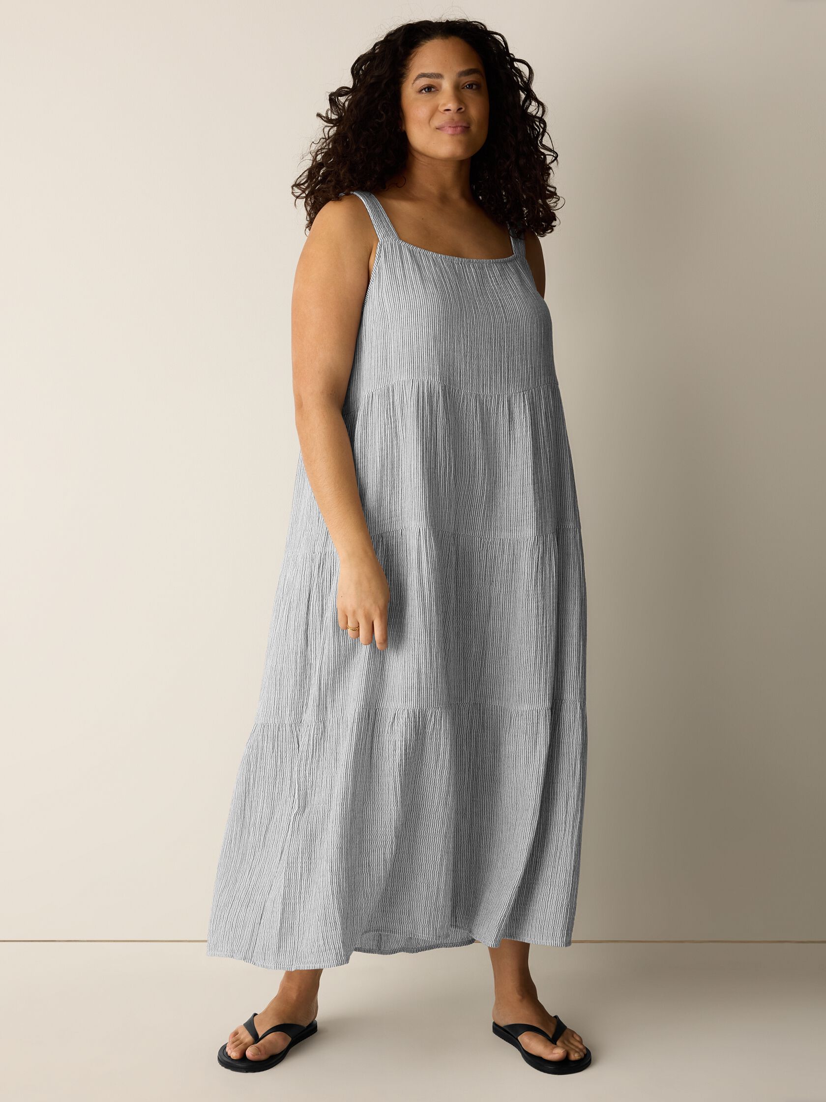 Striped Organic Cotton Gauze Tiered Dress