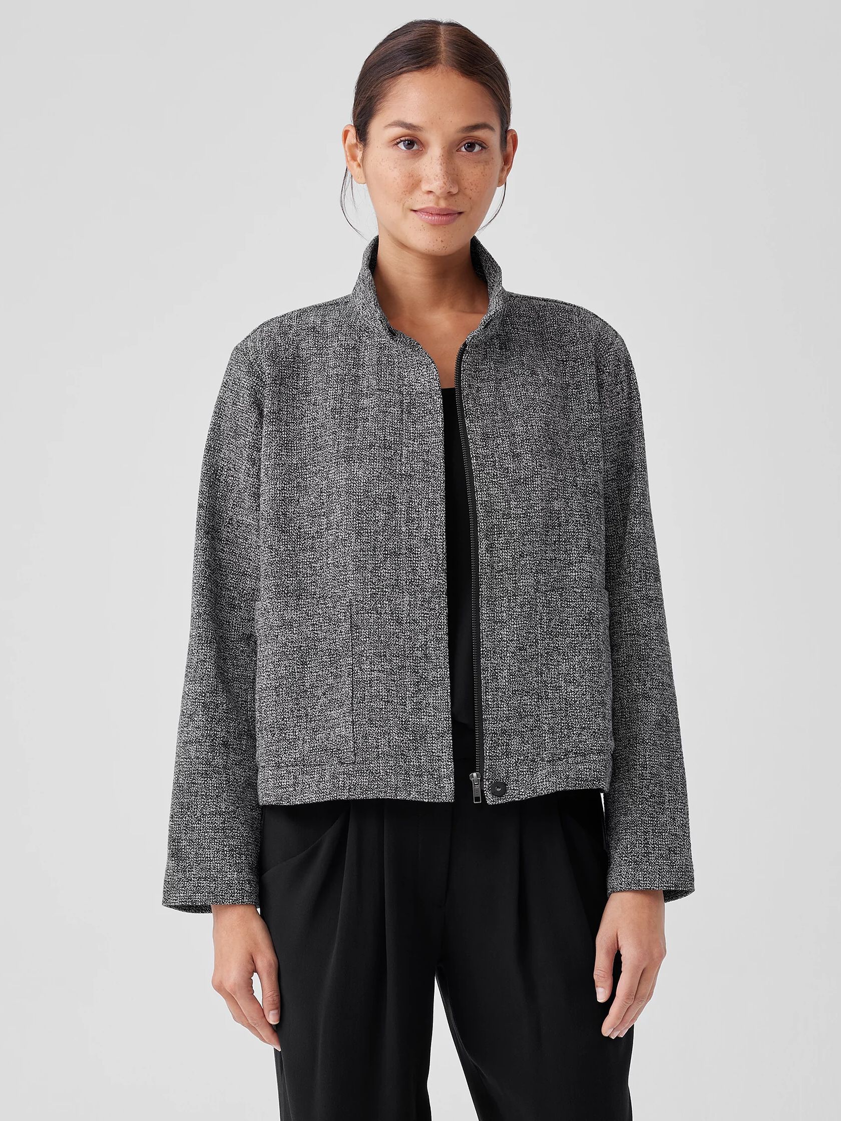 Organic Cotton Tweed Stand Collar Jacket