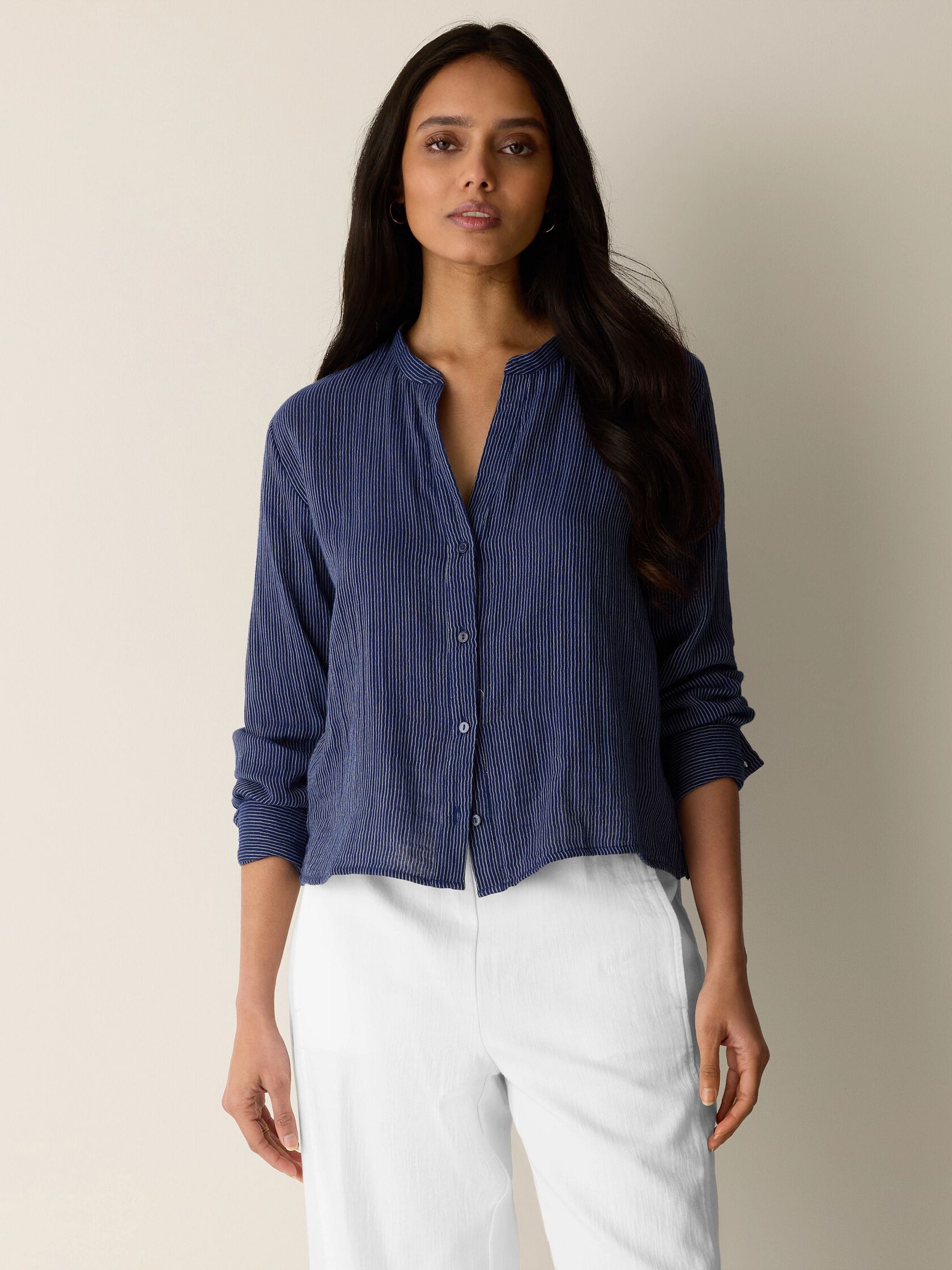 Striped Organic Cotton Gauze Band Collar Shirt