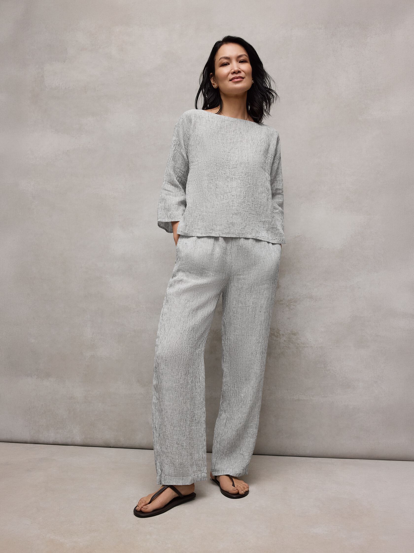 Puckered Organic Linen Stripe Straight Pant