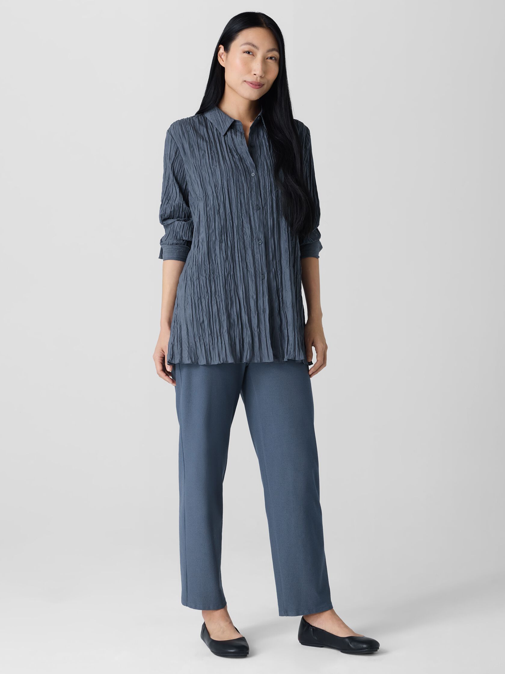 Crinkle Silk Habutai Classic Collar Shirt