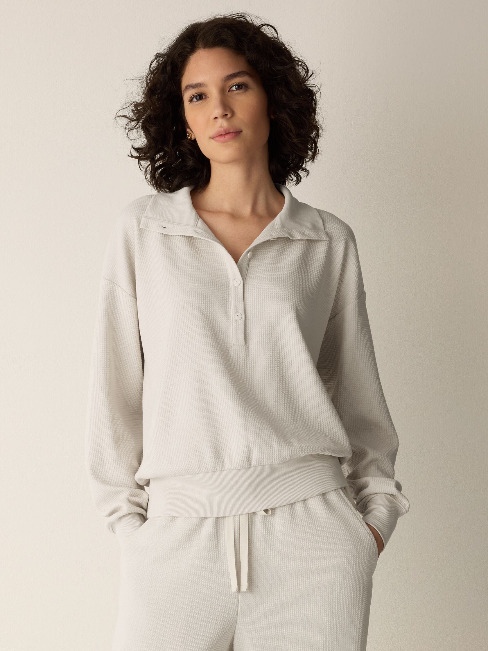 Waffle Cotton Blend Doubleknit High Collar Henley Top