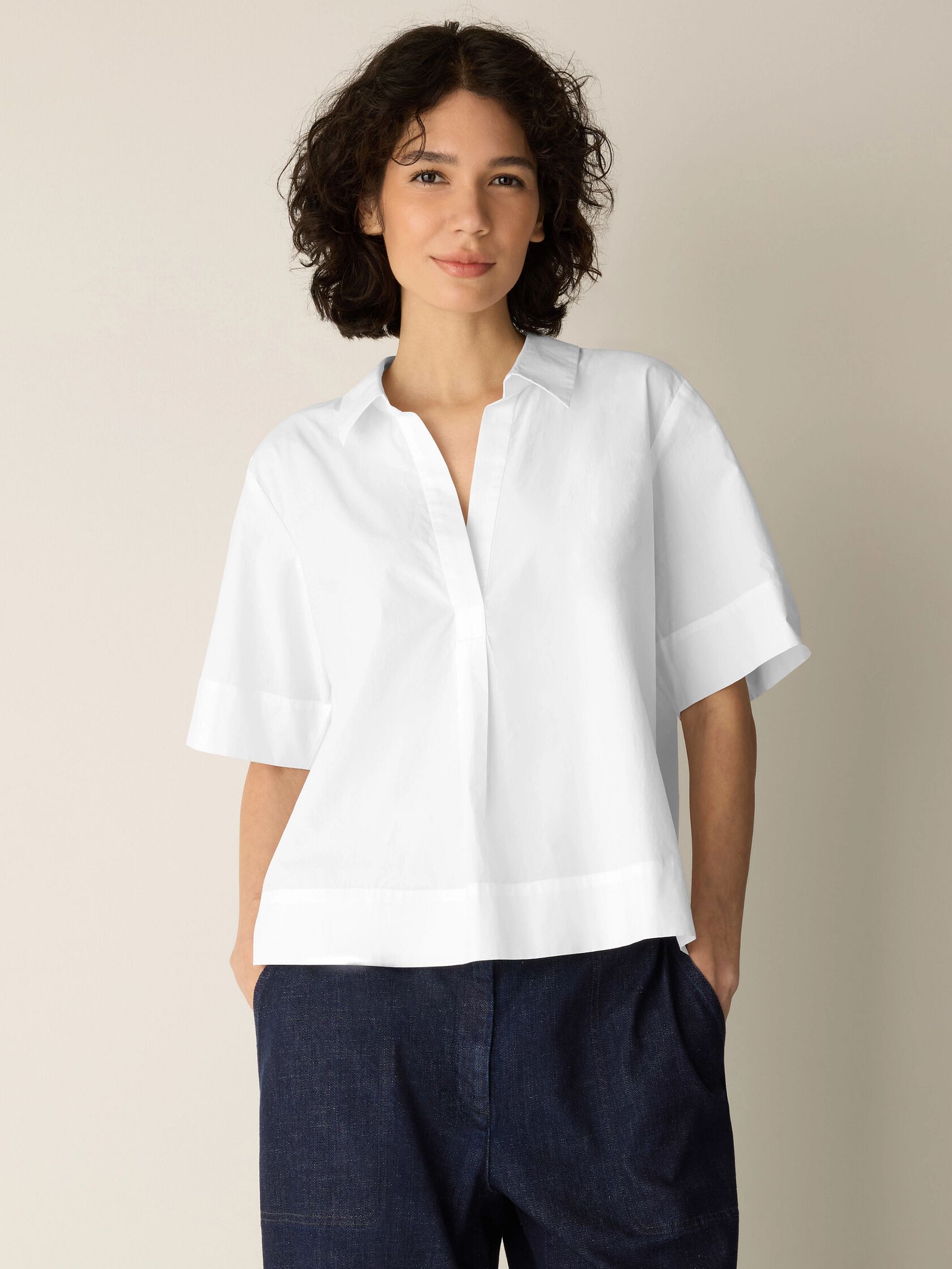 Organic Cotton Poplin Split Neck Top