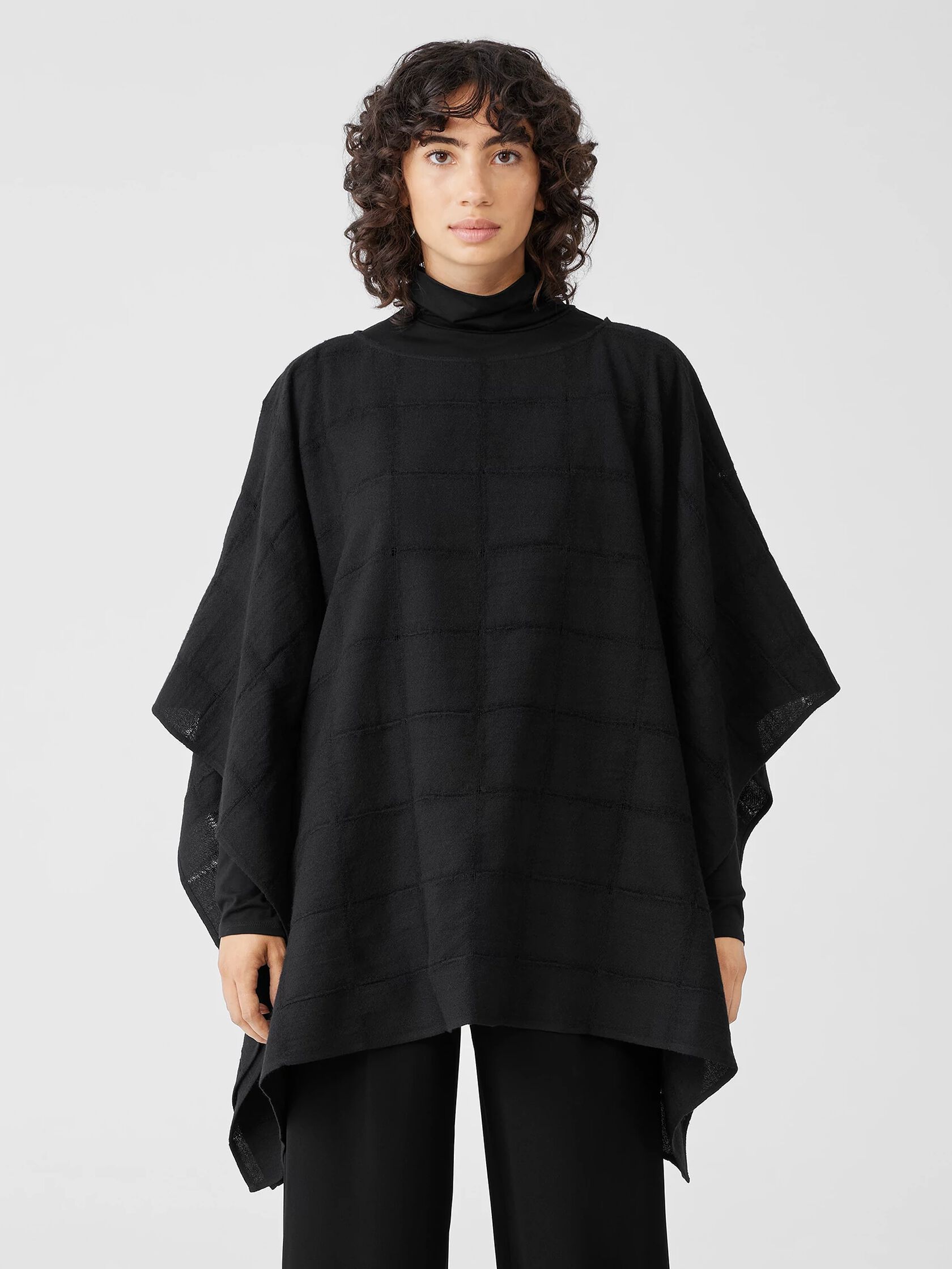 Wool Gauze Grid Poncho