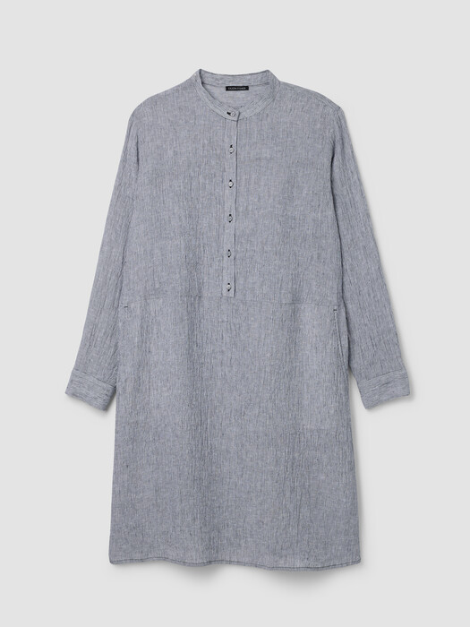 Puckered Organic Linen Stripe Band Collar Shirtdress