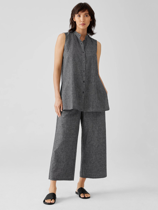 Hemp Organic Cotton Grid Mandarin Collar Shirt | EILEEN FISHER