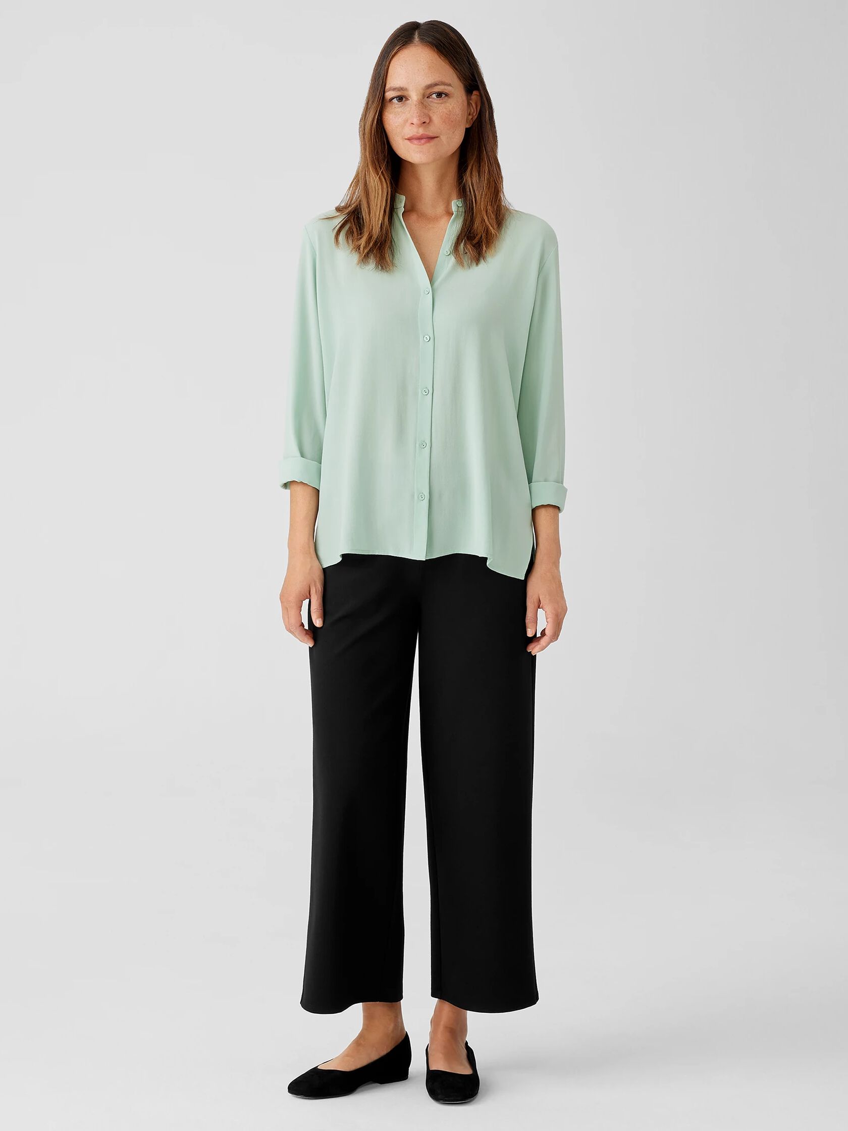 Silk Georgette Crepe Mandarin Collar Shirt