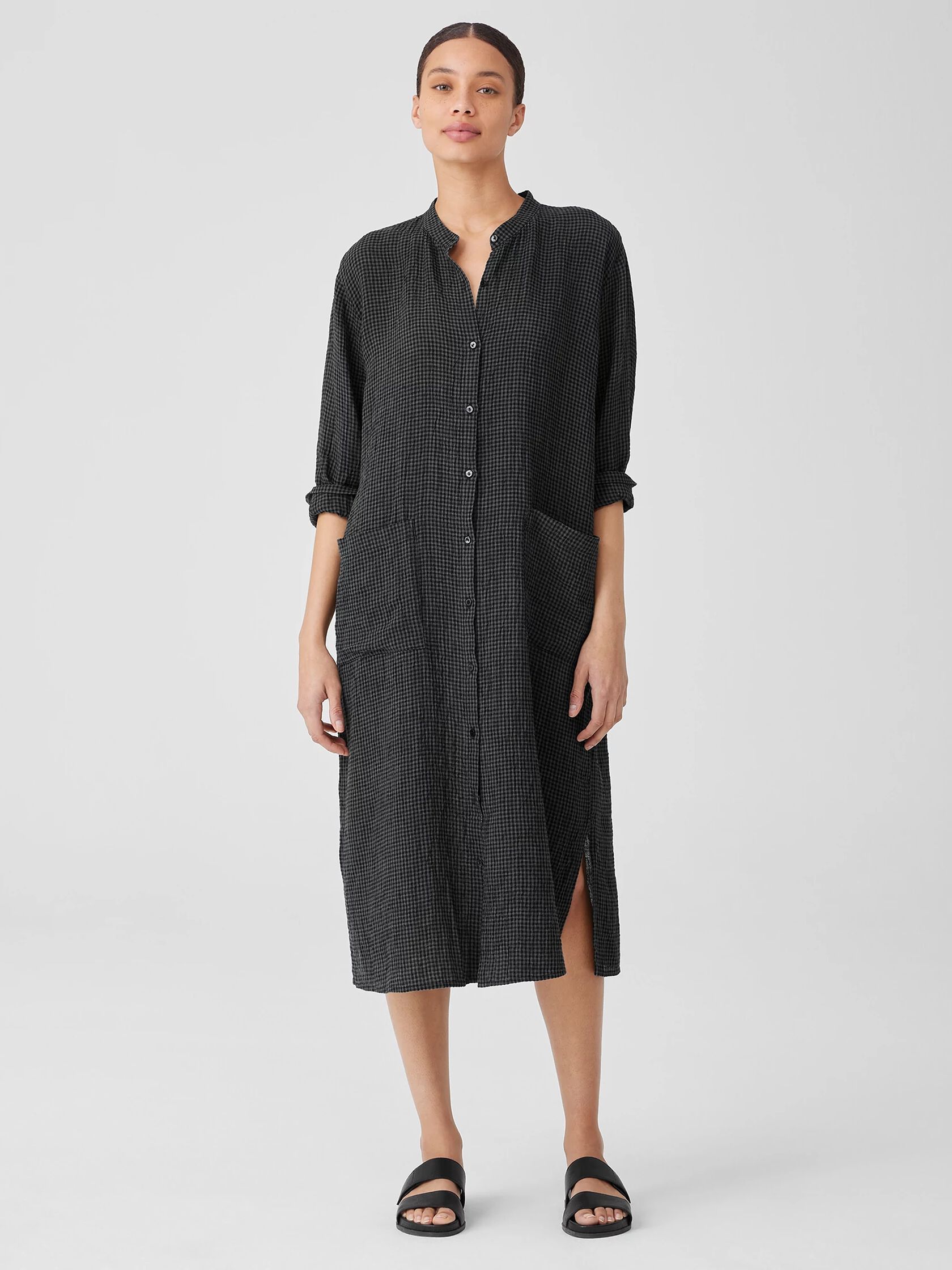 Puckered Organic Linen Mandarin Collar Shirtdress