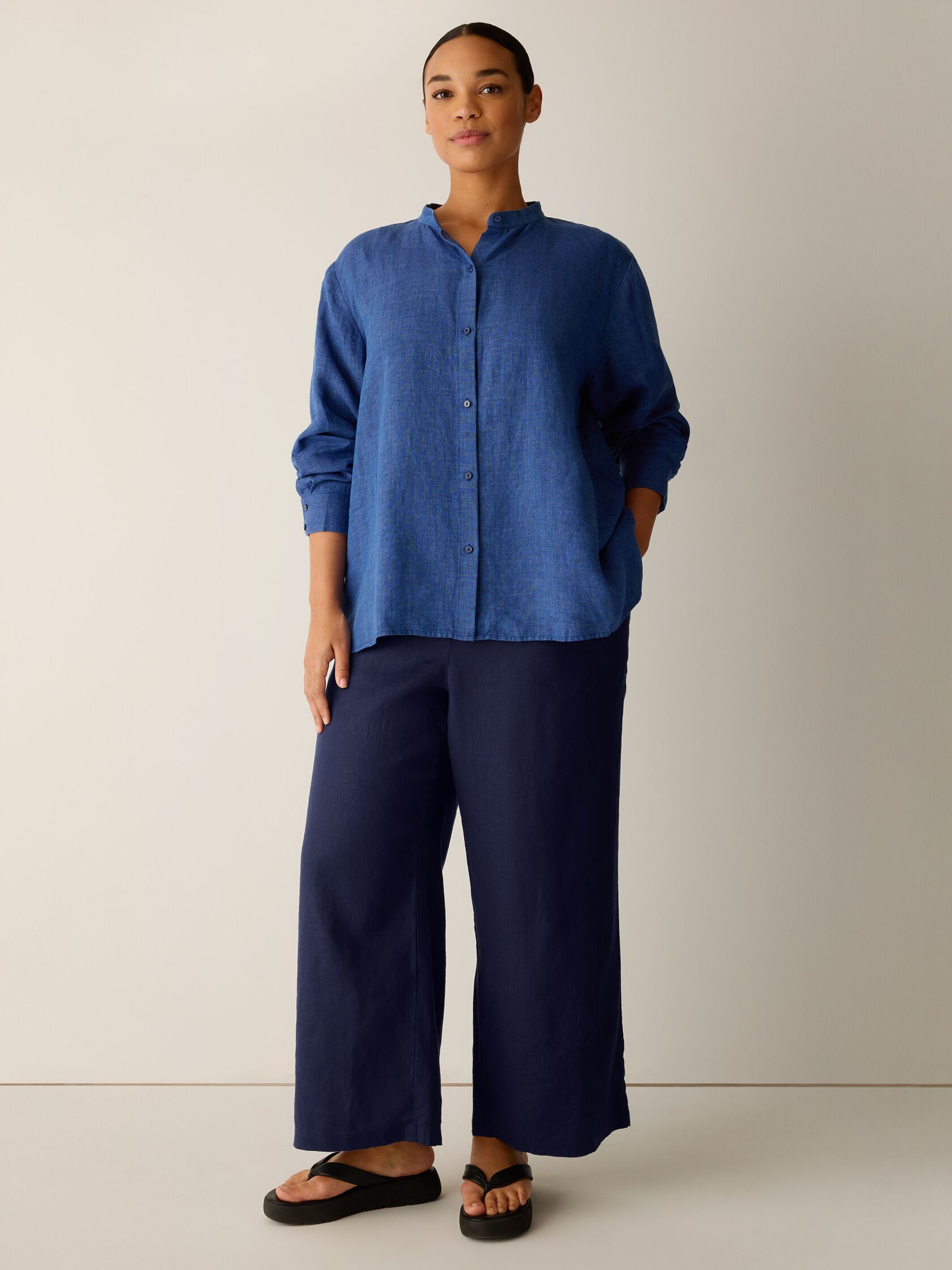 Washed Organic Linen D&eacute;lav&eacute; Band Collar Shirt