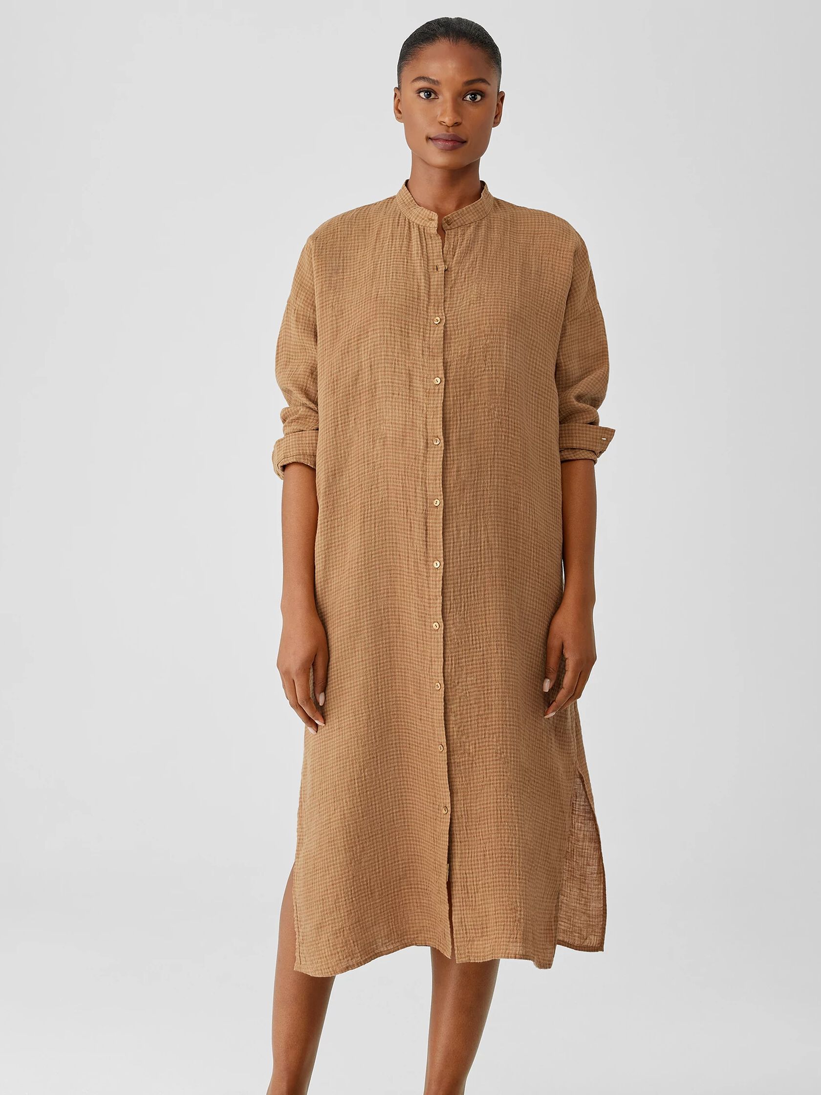 Puckered Organic Linen Long Shirtdress