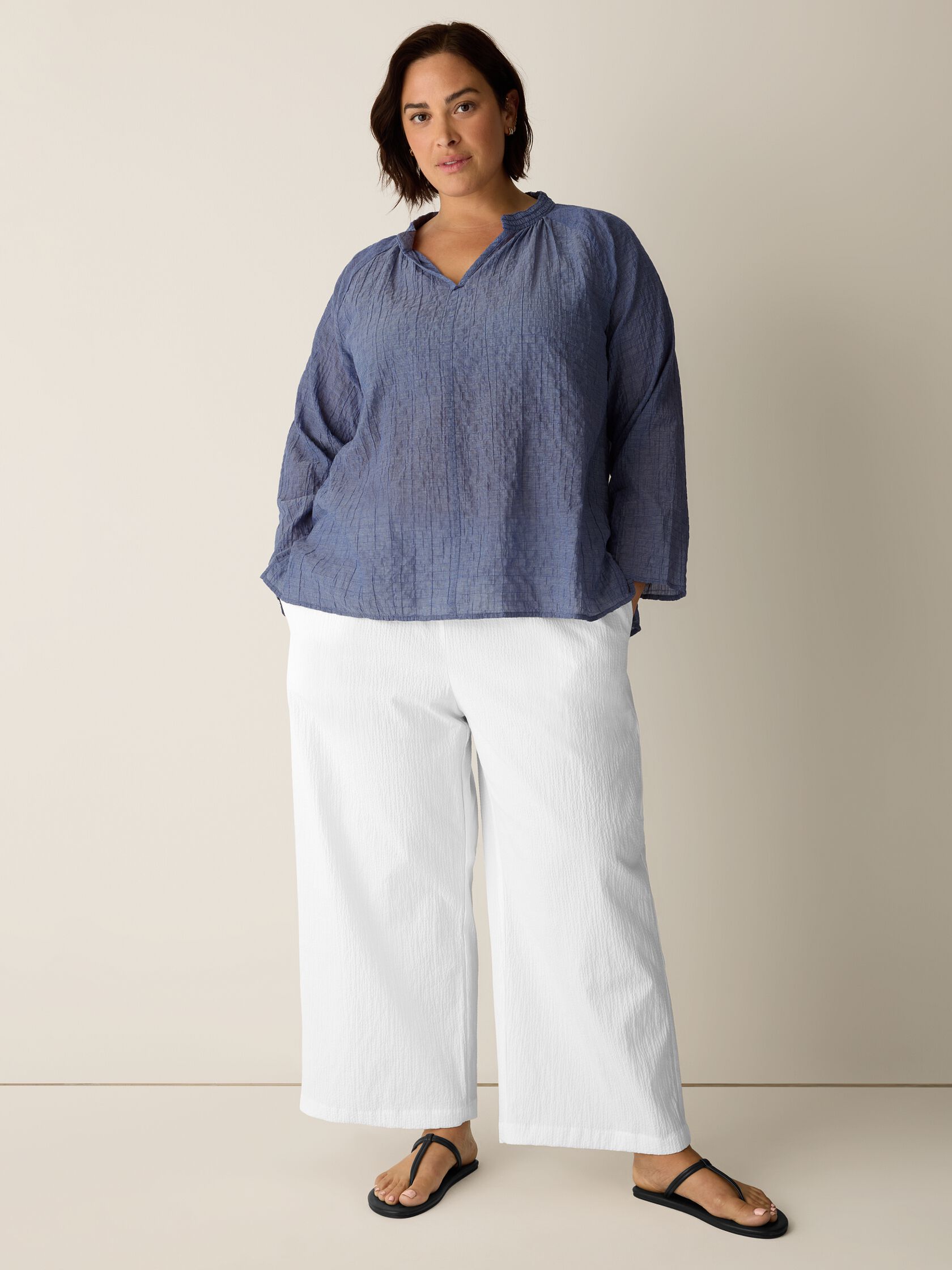 Organic Cotton Microstripe Pucker Split Collar Top