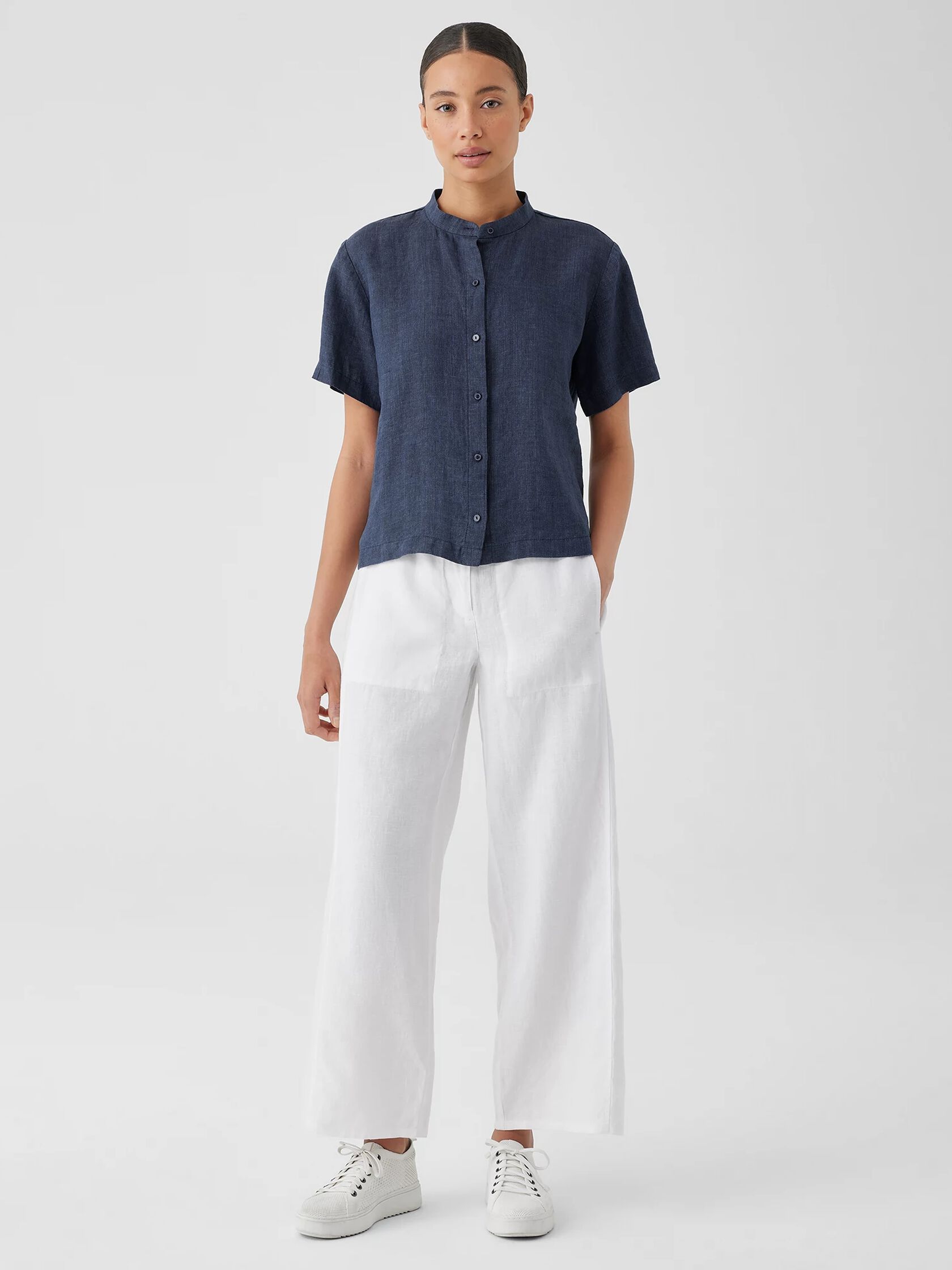 Washed Organic Linen Délavé Band Collar Shirt