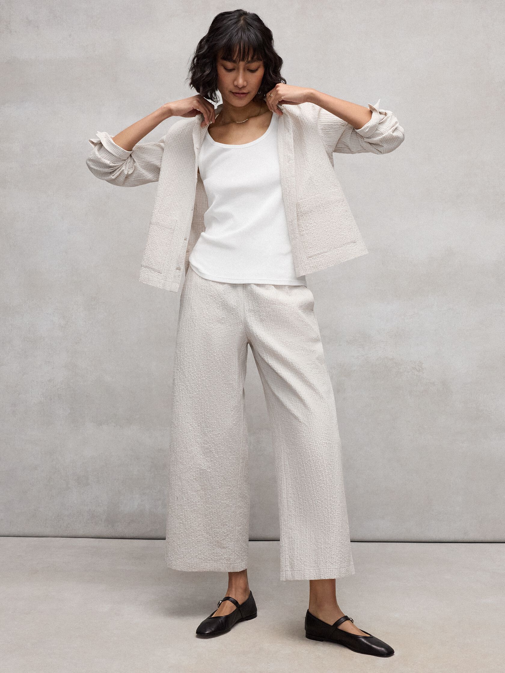 Organic Cotton Pucker Check Wide-Leg Pant