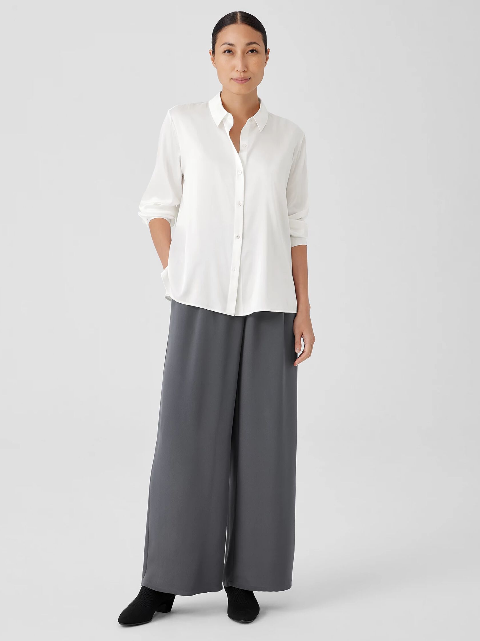 Stretch Silk Charmeuse Classic Collar Shirt