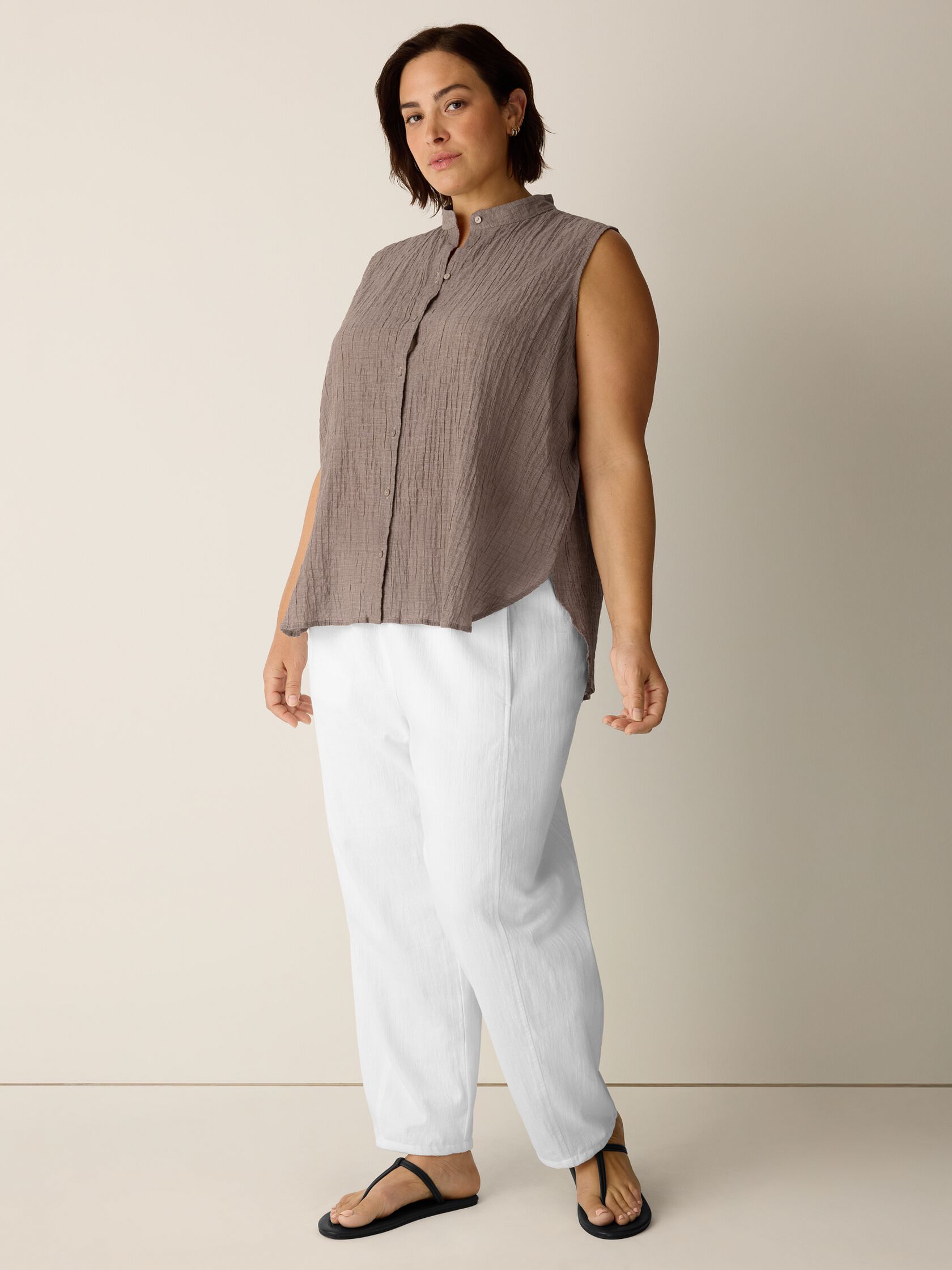 Organic Cotton Microstripe Pucker Sleeveless Shirt