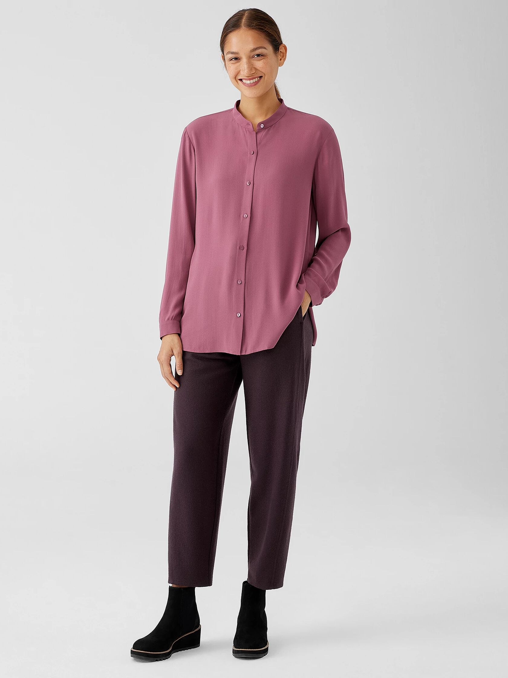 Silk Georgette Crepe Mandarin Collar Shirt