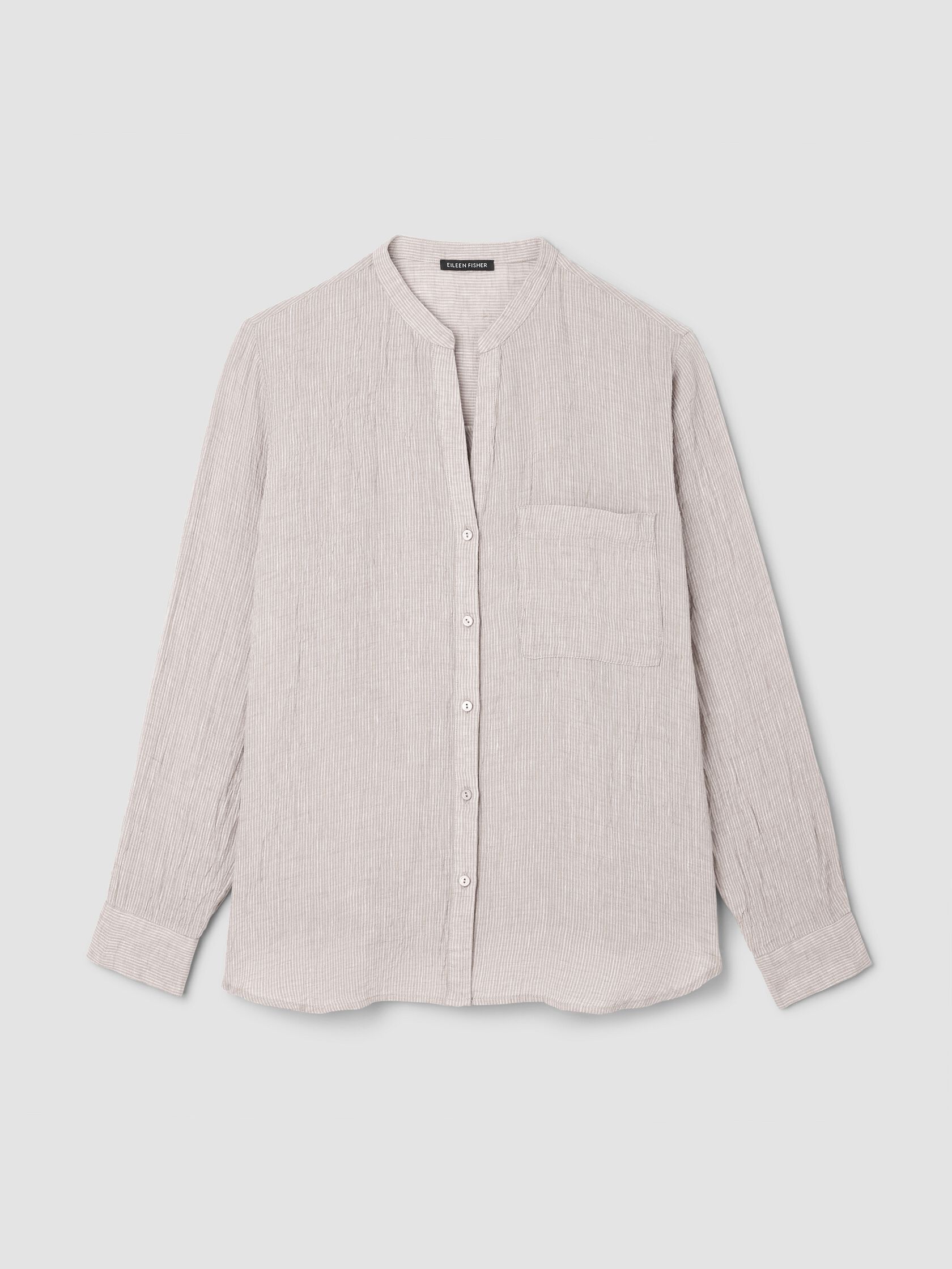 Puckered Organic Linen Stripe Band Collar Shirt