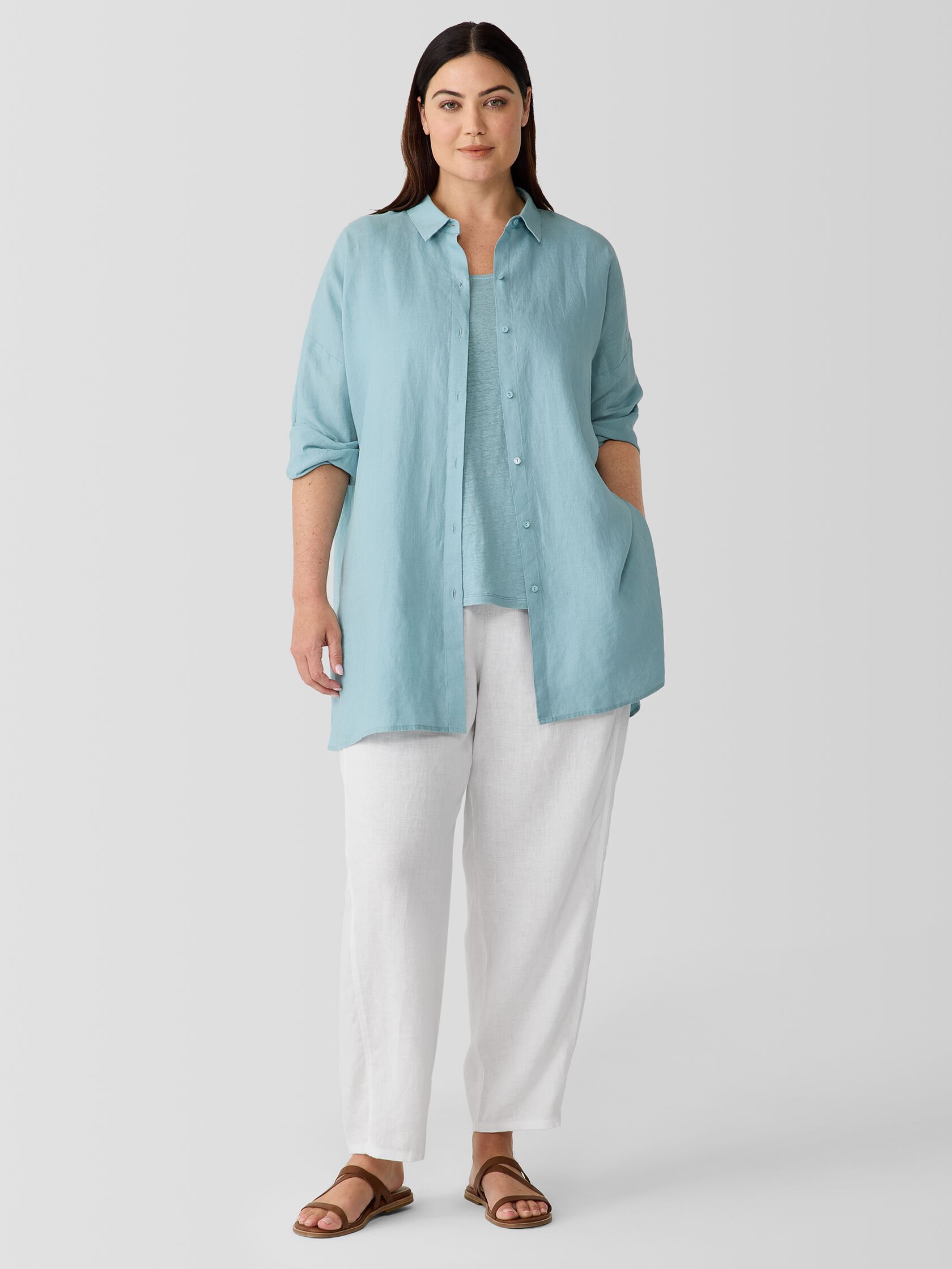 Organic Handkerchief Linen Classic Collar Long Shirt