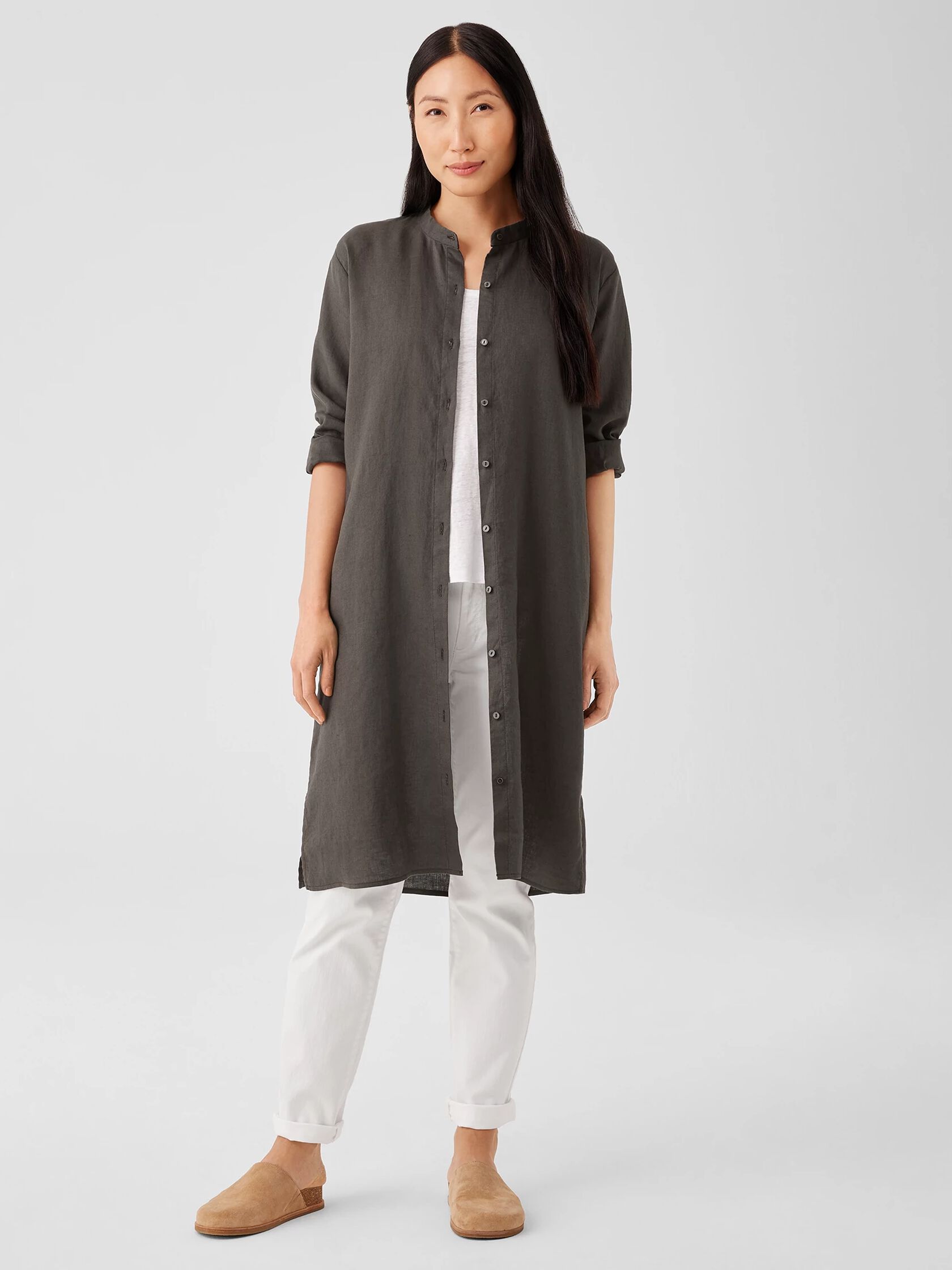 Organic Linen Band Collar Shirtdress