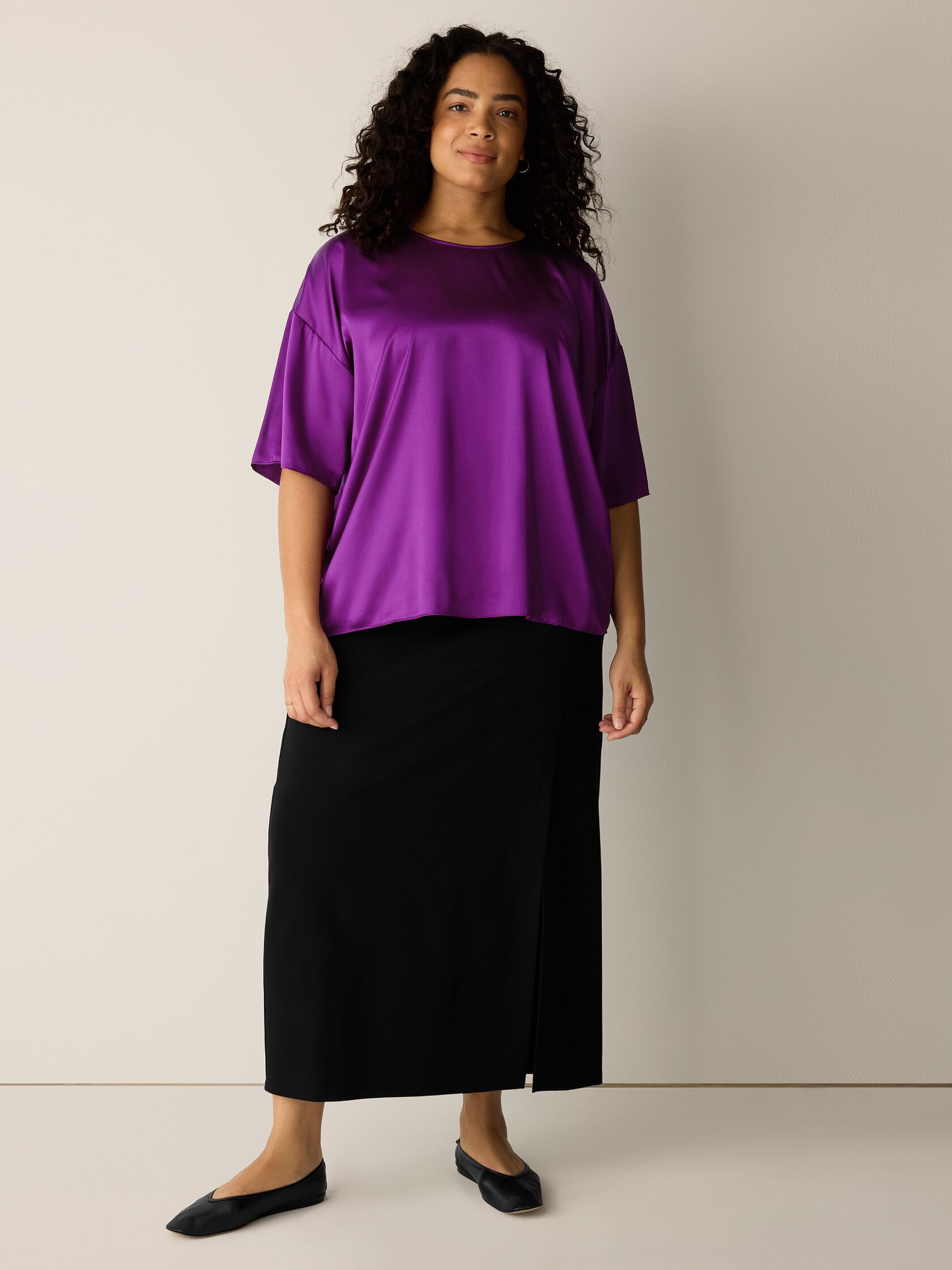 Stretch Silk Charmeuse Round Neck Top