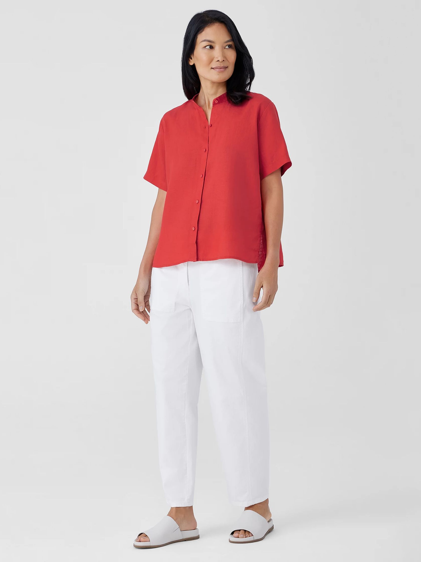 Organic Handkerchief Linen Band Collar Short-Sleeve Shirt