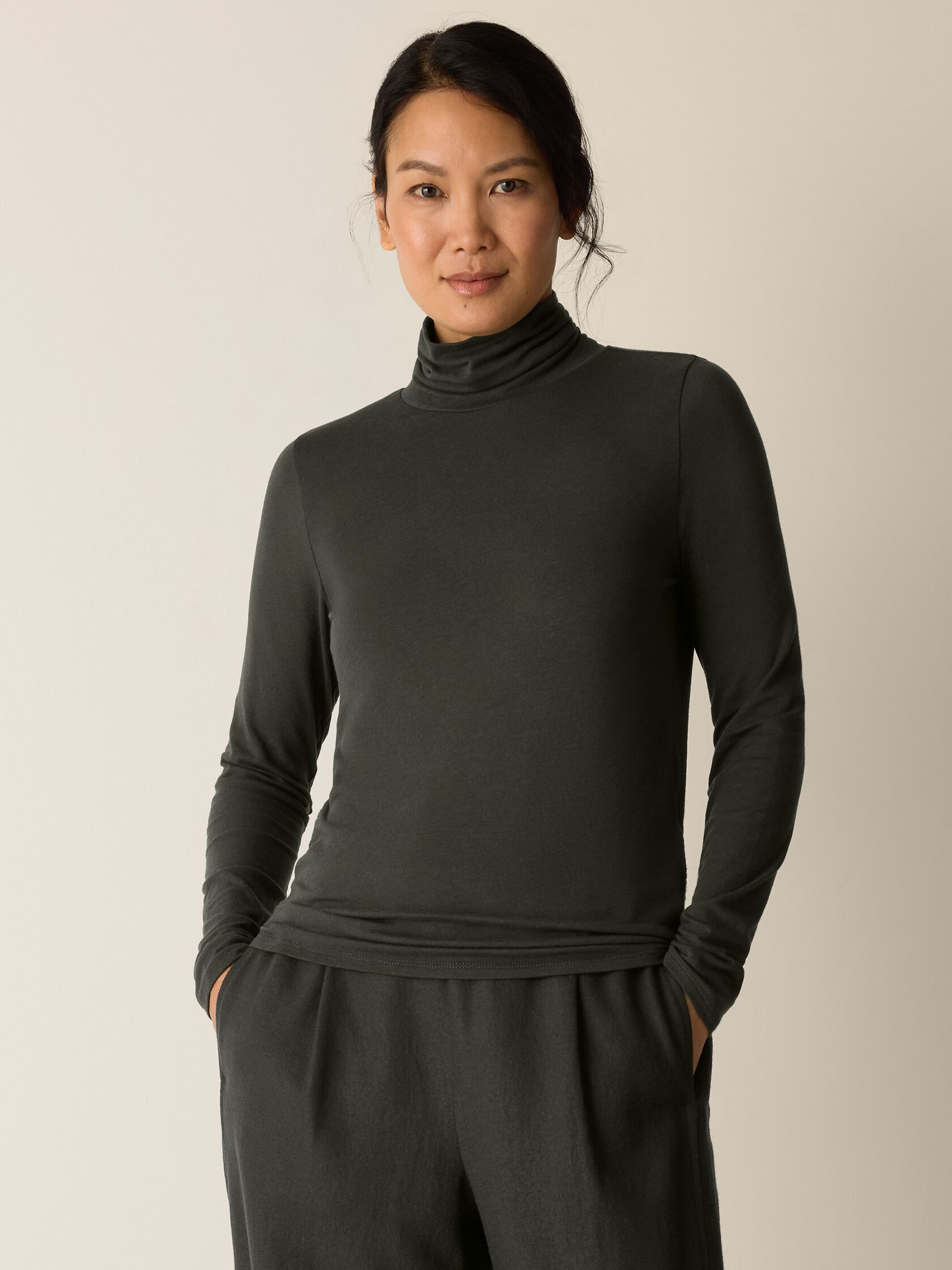 Sheer Cotton Blend Knit Turtleneck Top