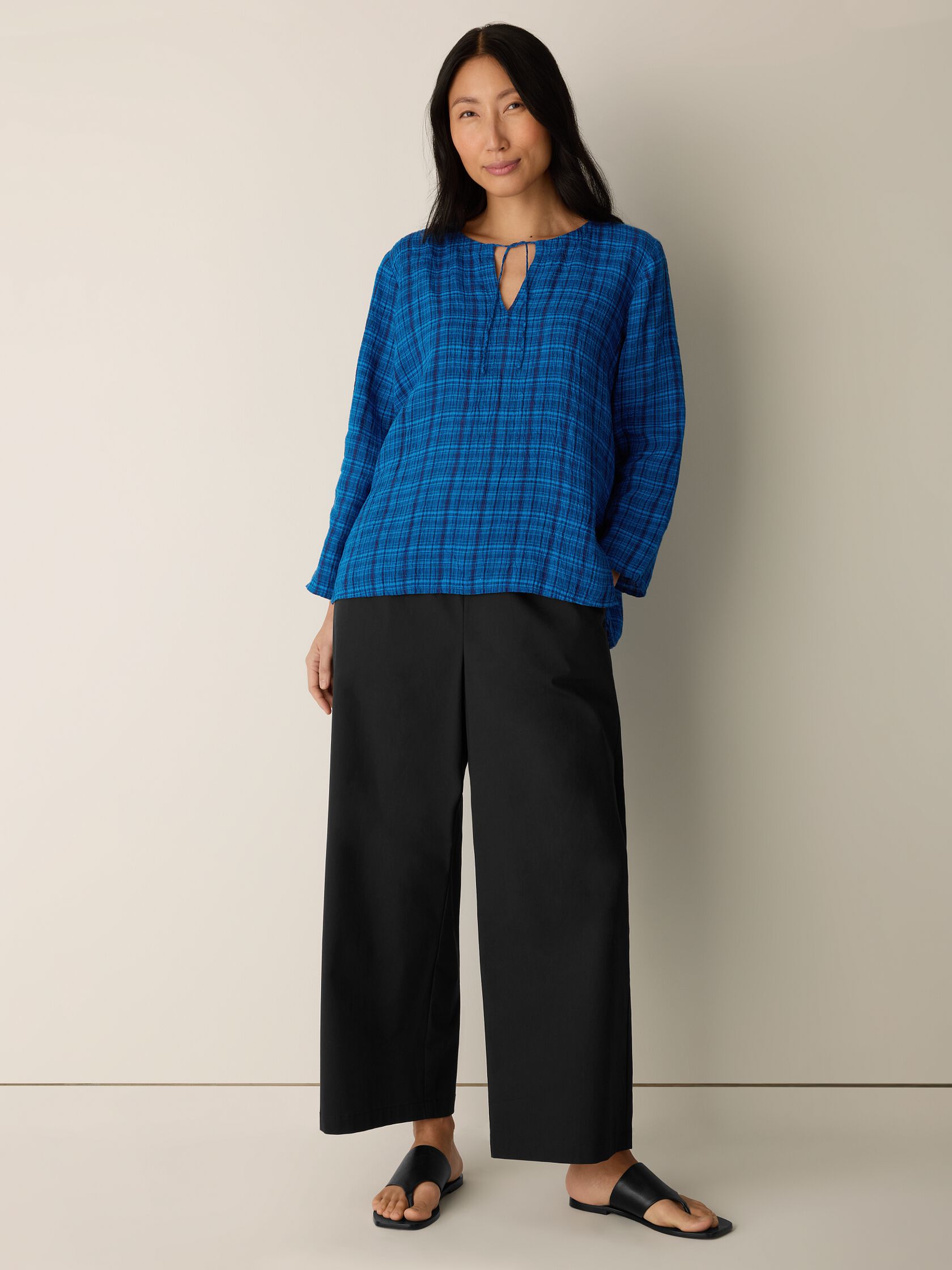 Puckered Organic Linen Plaid Keyhole Top