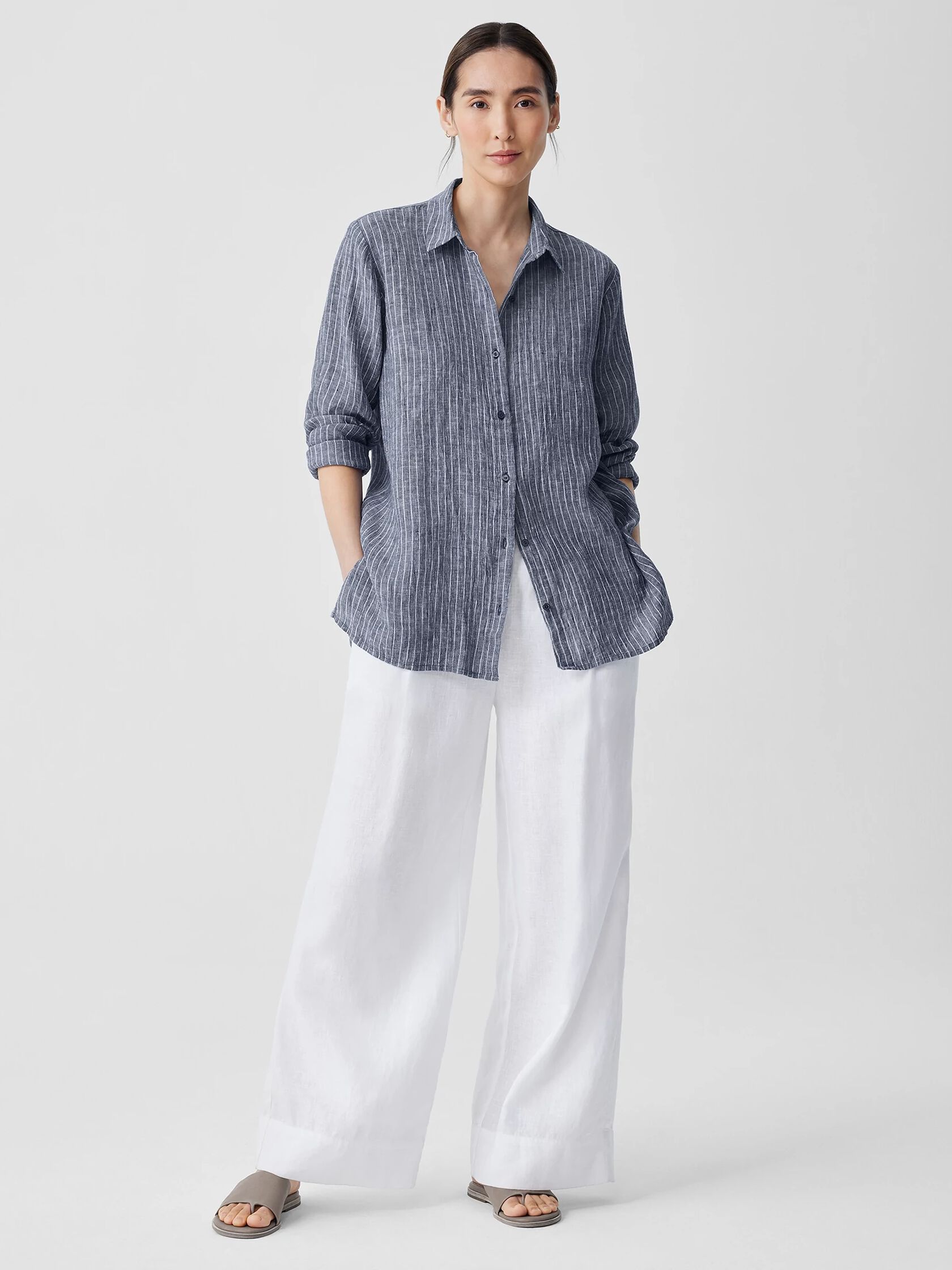 Puckered Organic Linen Classic Collar Long Shirt