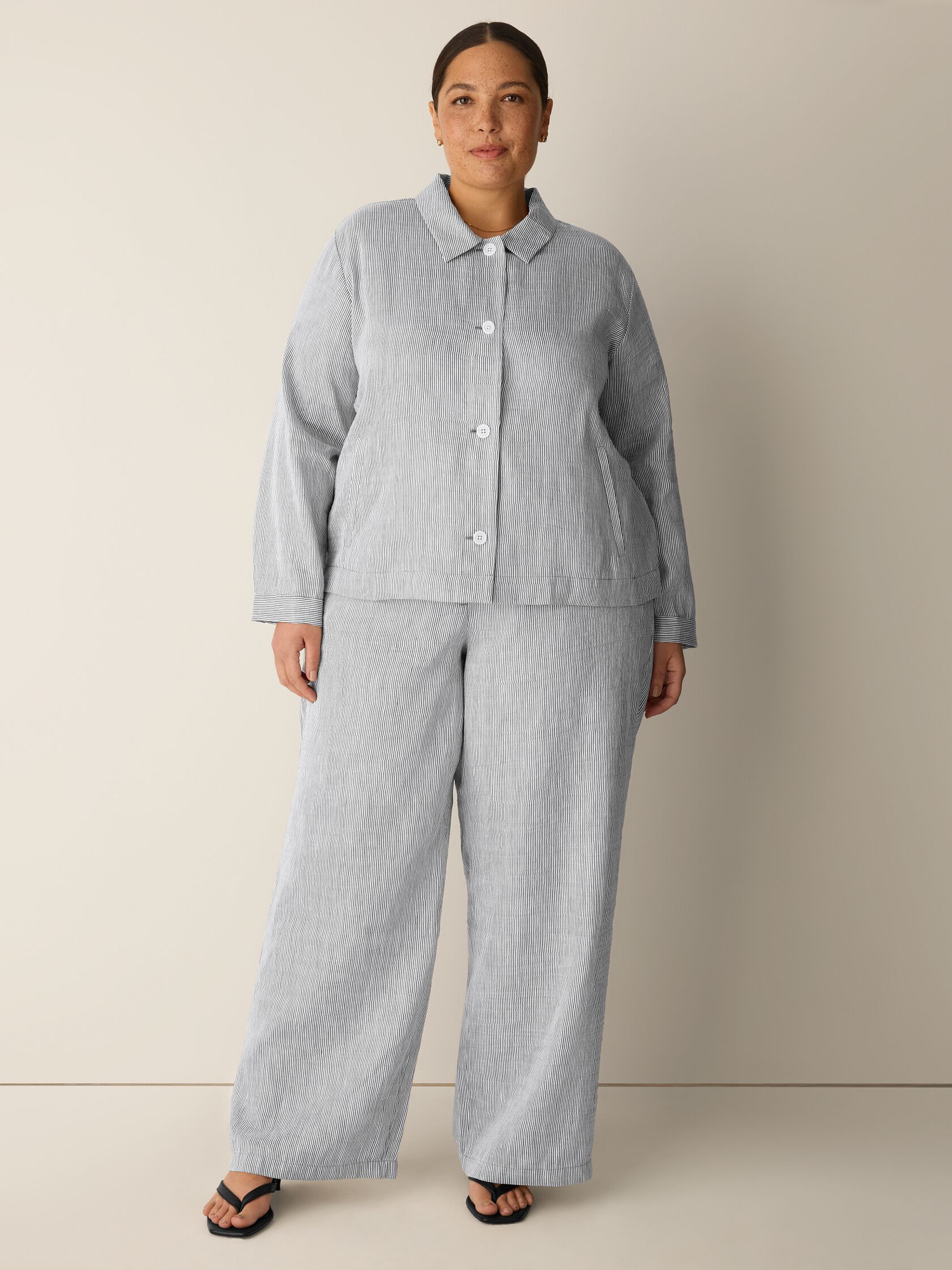 Striped Linen Sheen Classic Collar Jacket