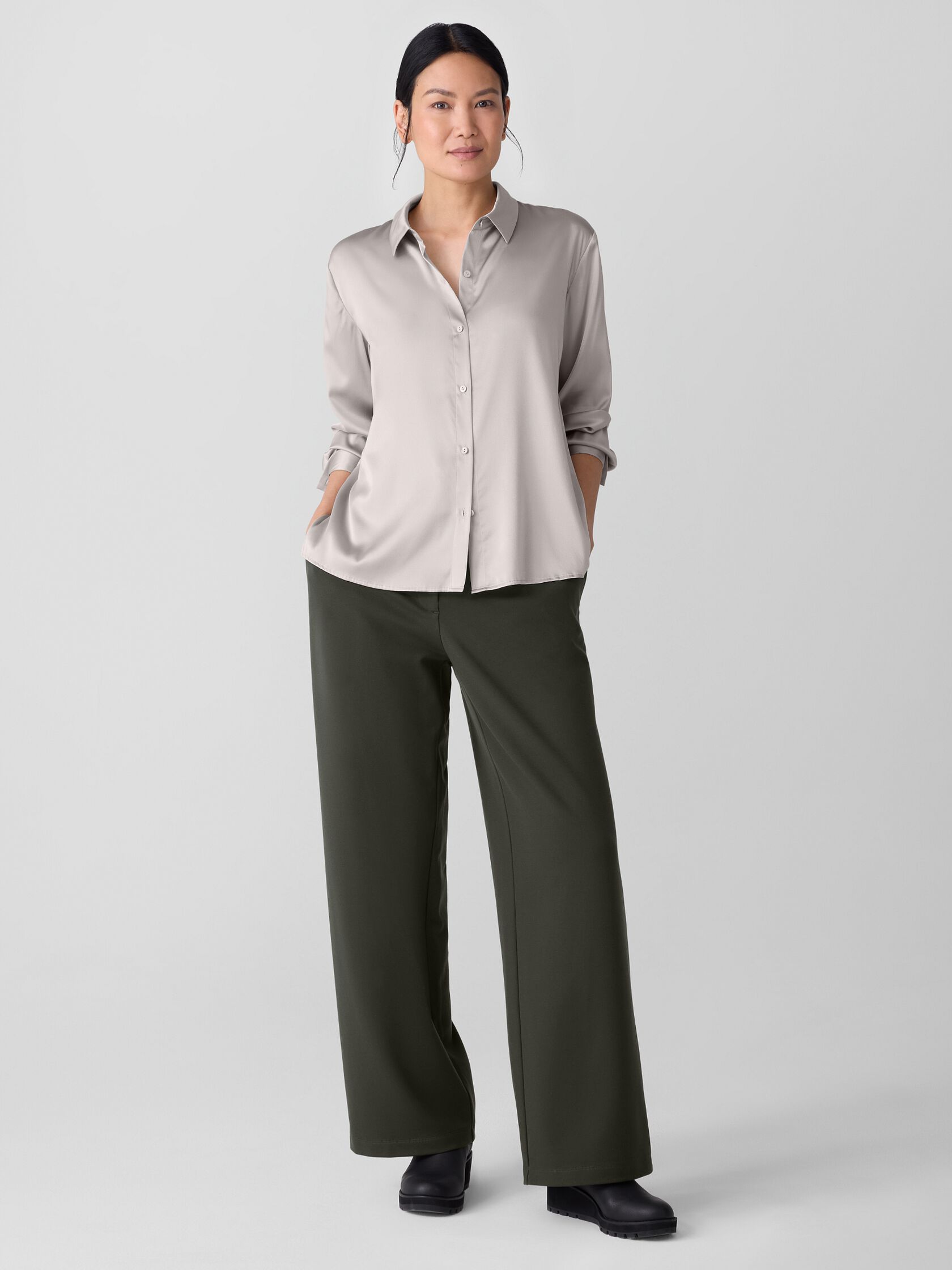 Stretch Silk Charmeuse Classic Collar Shirt