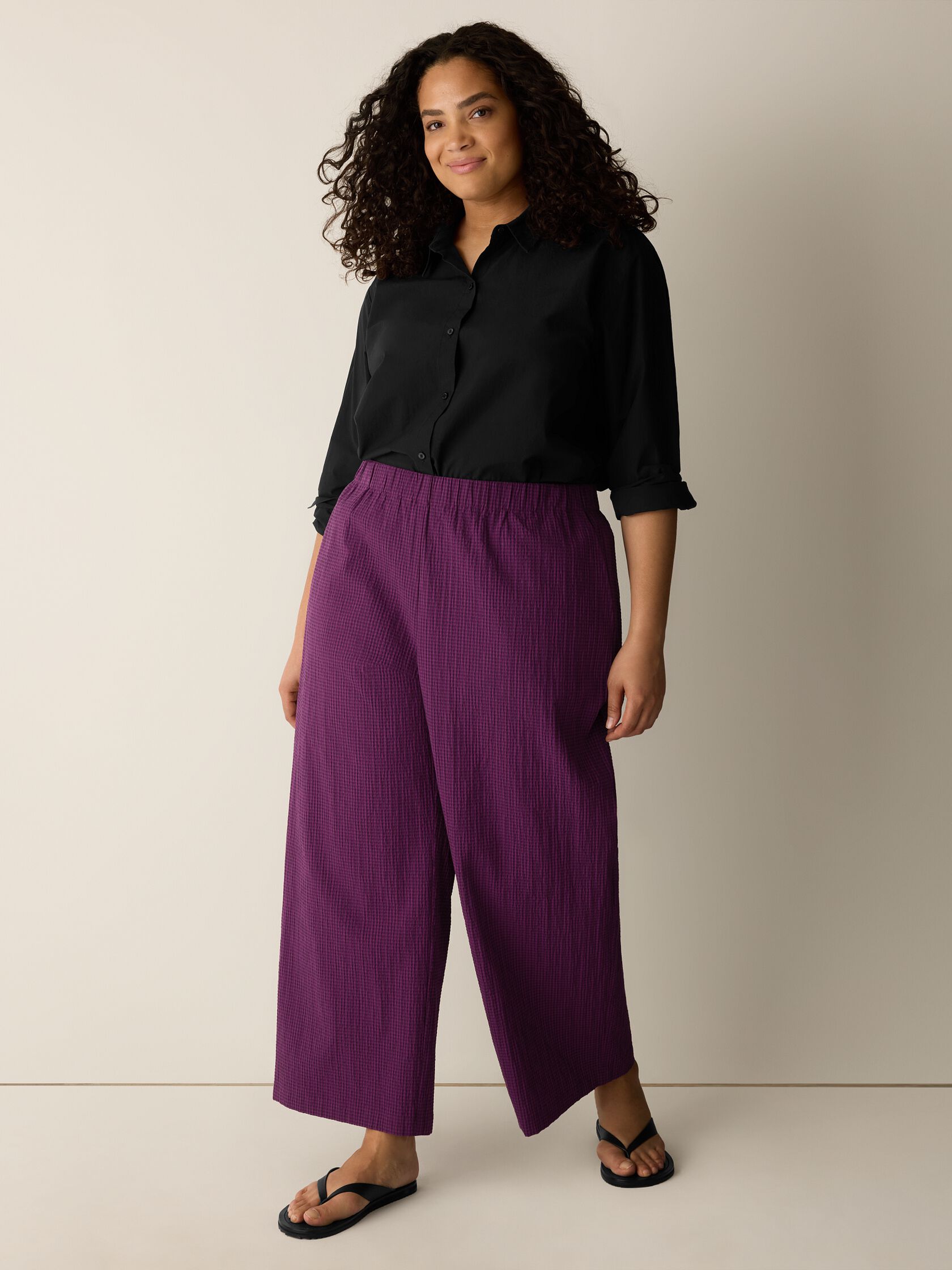 Organic Cotton Pucker Check Wide-Leg Pant