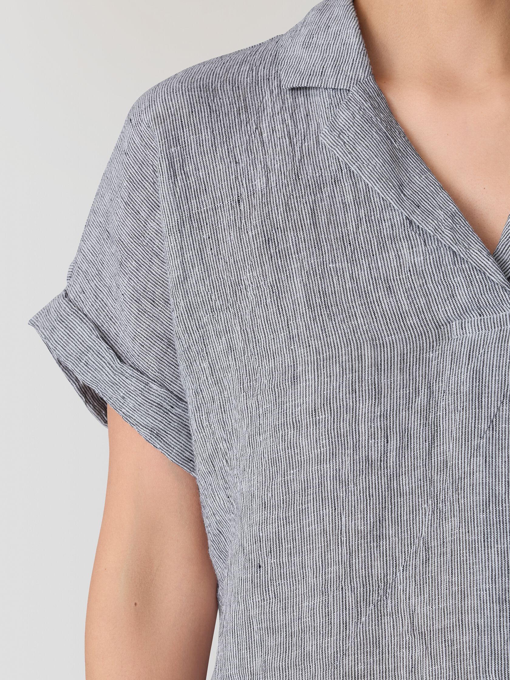 Puckered Organic Linen Stripe Notch Collar Top