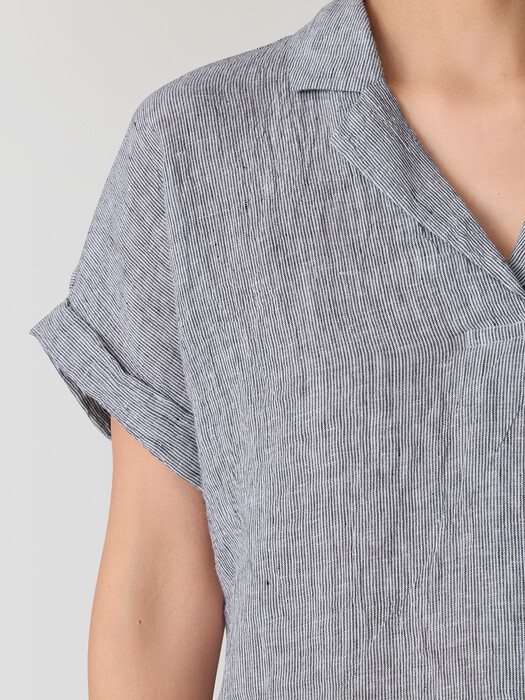 Puckered Organic Linen Stripe Notch Collar Top
