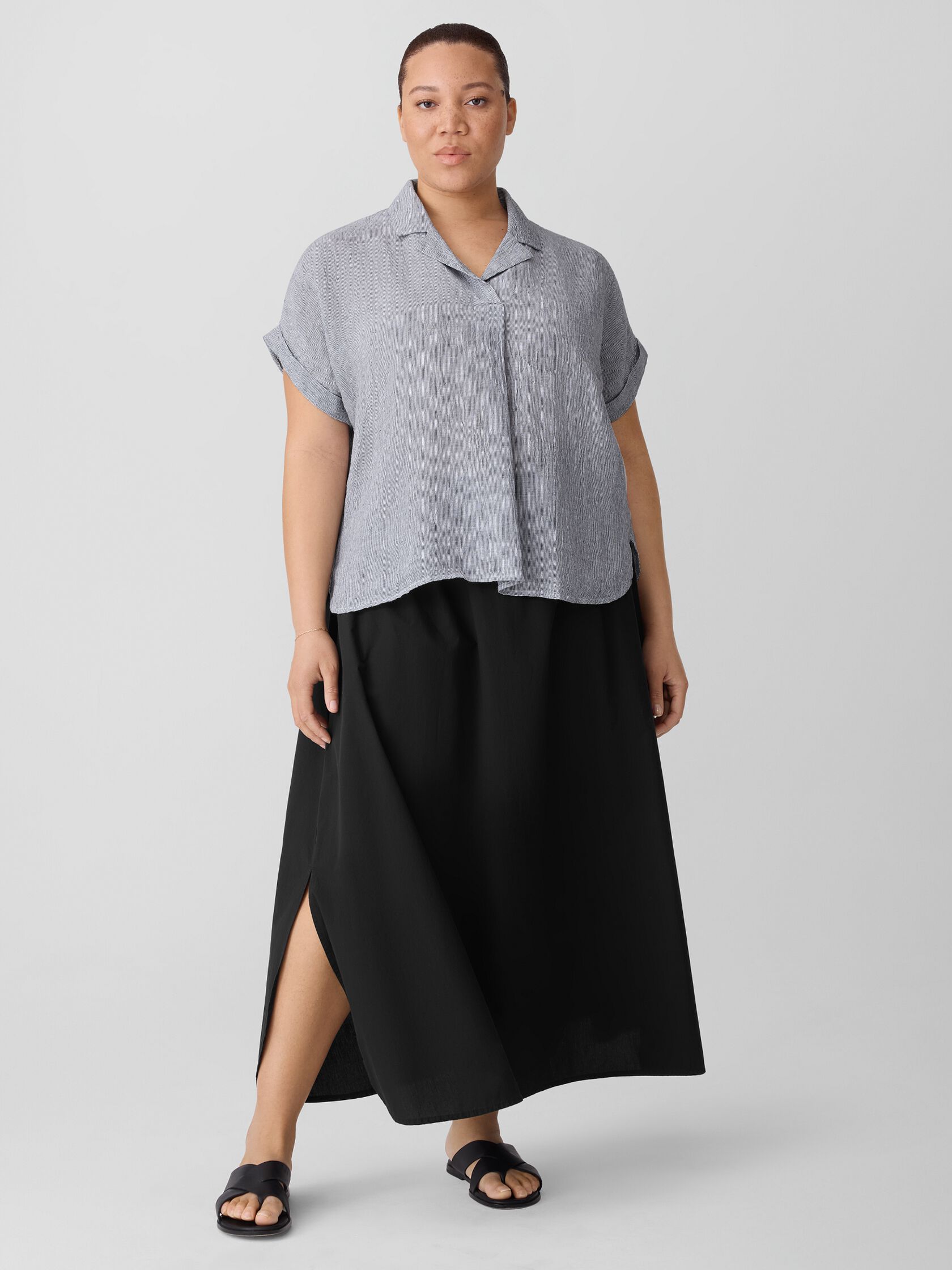 Puckered Organic Linen Stripe Notch Collar Top