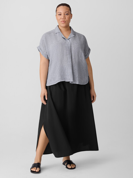 Puckered Organic Linen Stripe Notch Collar Top