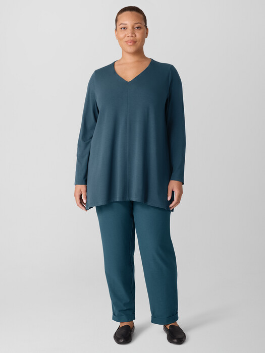 Fine Stretch Jersey Knit V-Neck Long Top