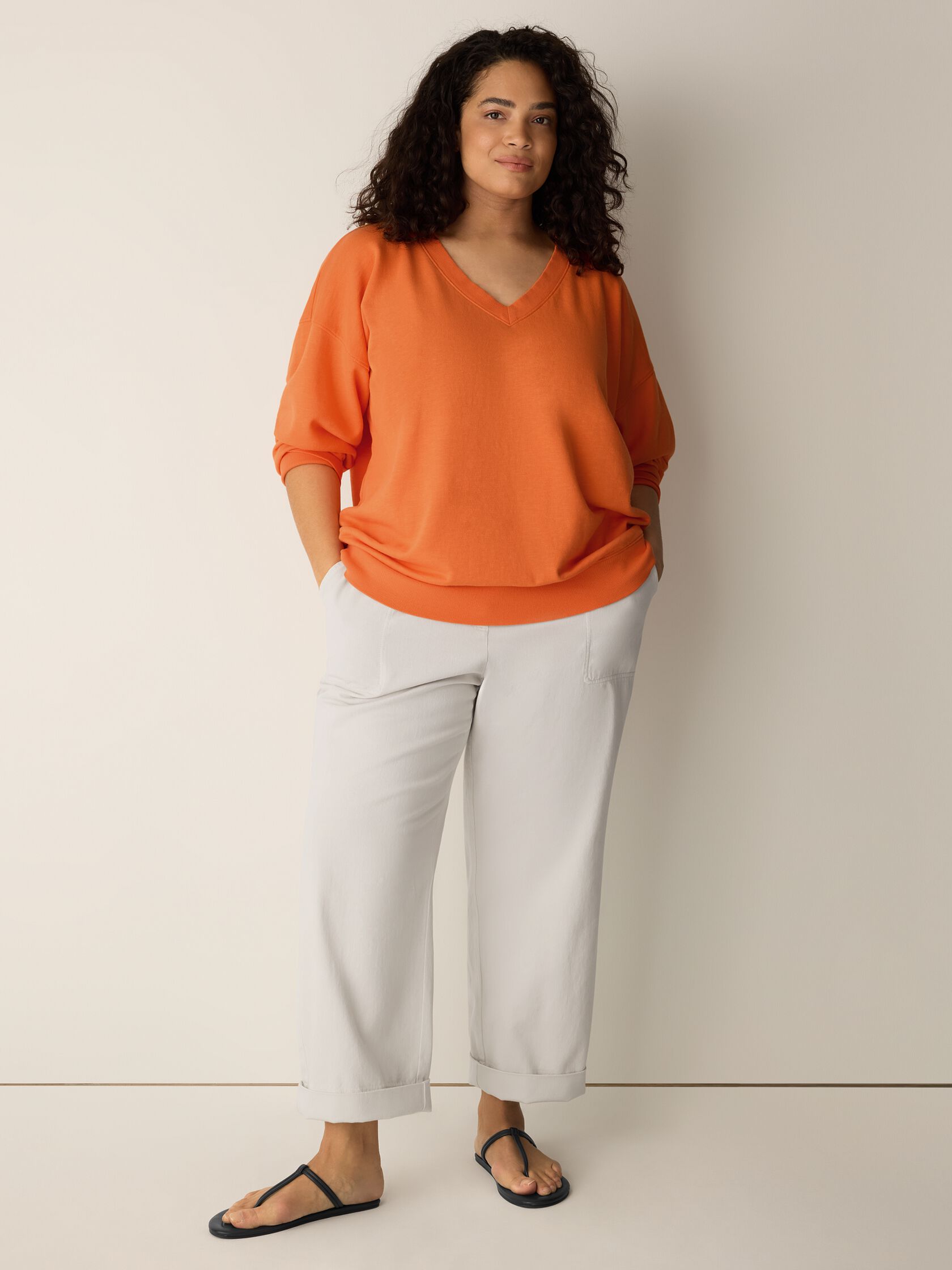 Garment-Dyed Organic Cotton Terry V-Neck Top