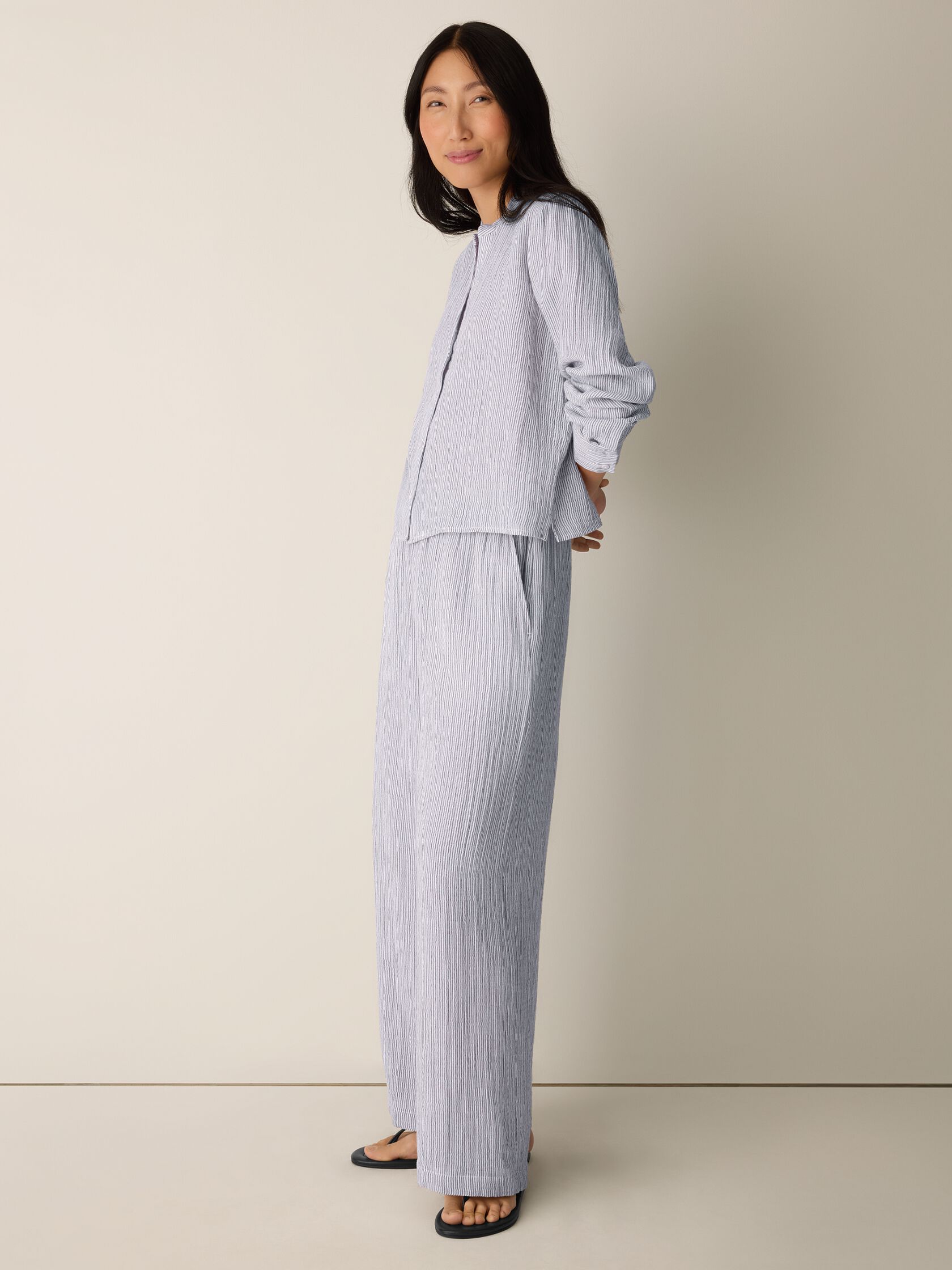 Striped Organic Cotton Gauze Band Collar Shirt