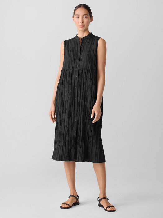 Eileen Fisher - Women's Crinkle Silk Habutai Band Collar Dress - Black - Size: 3X Regular Eileen Fisher - Women's Crinkle Silk Habutai Band Collar Dress - Black - Size: 3X Regular